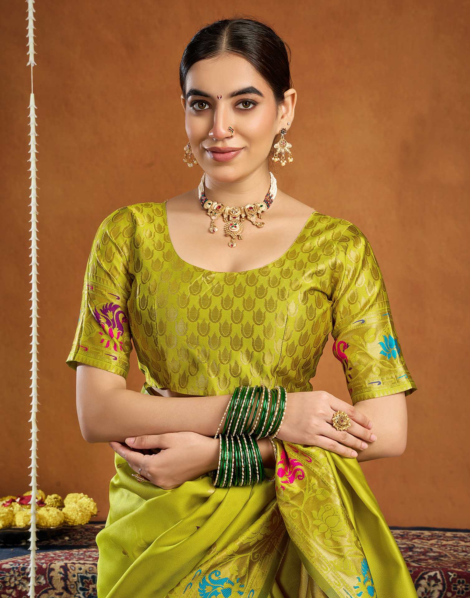 Lime Green Silk Woven Paithani Saree - Image 7