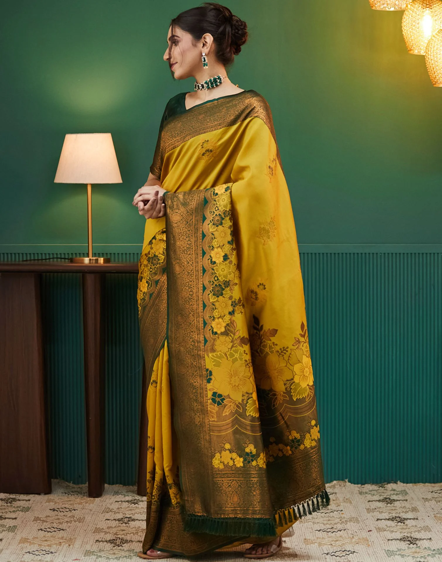 Lime Green Silk Woven Banarasi Saree - Image 4
