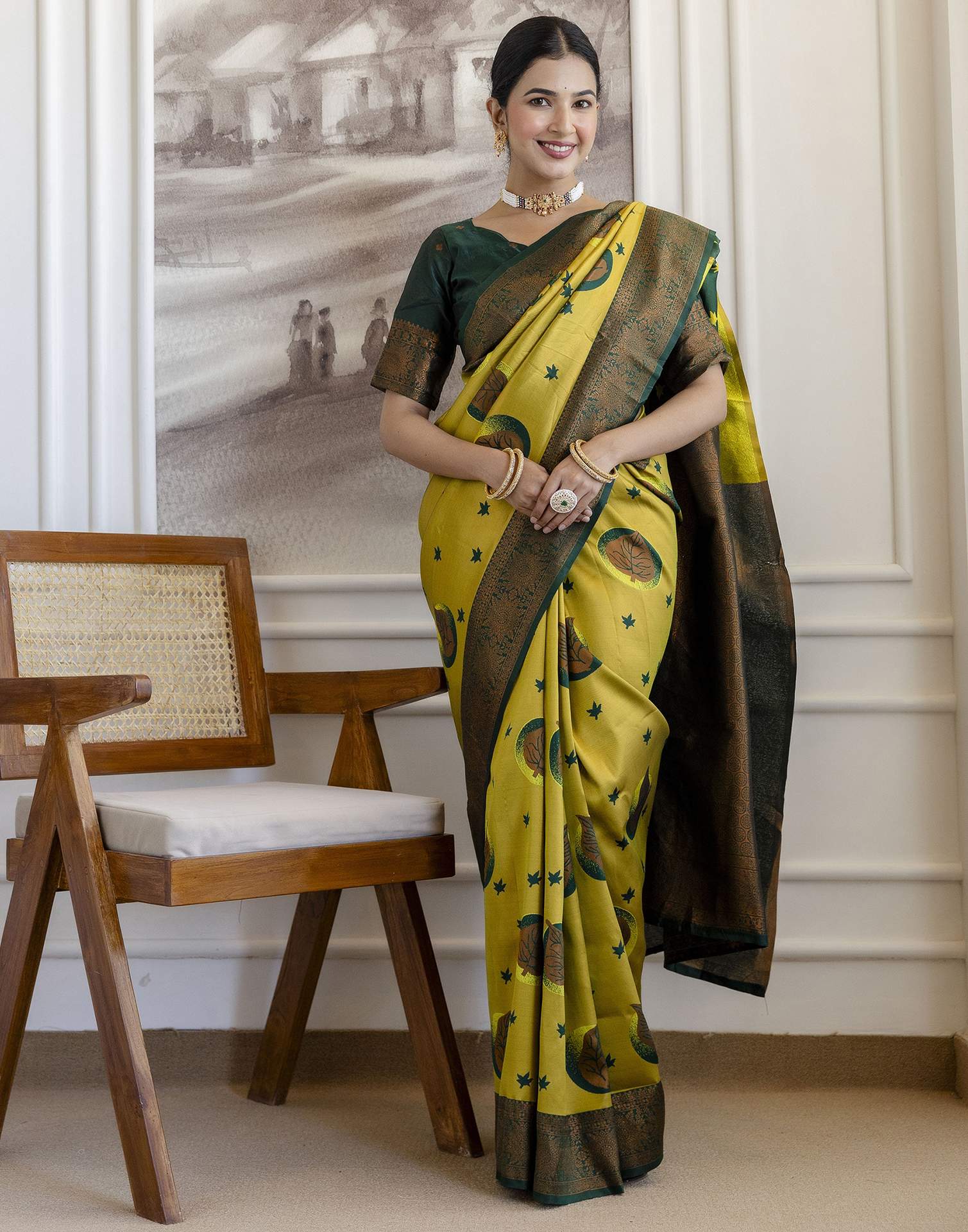 Lime Green Silk Woven Banarasi Saree - Image 10