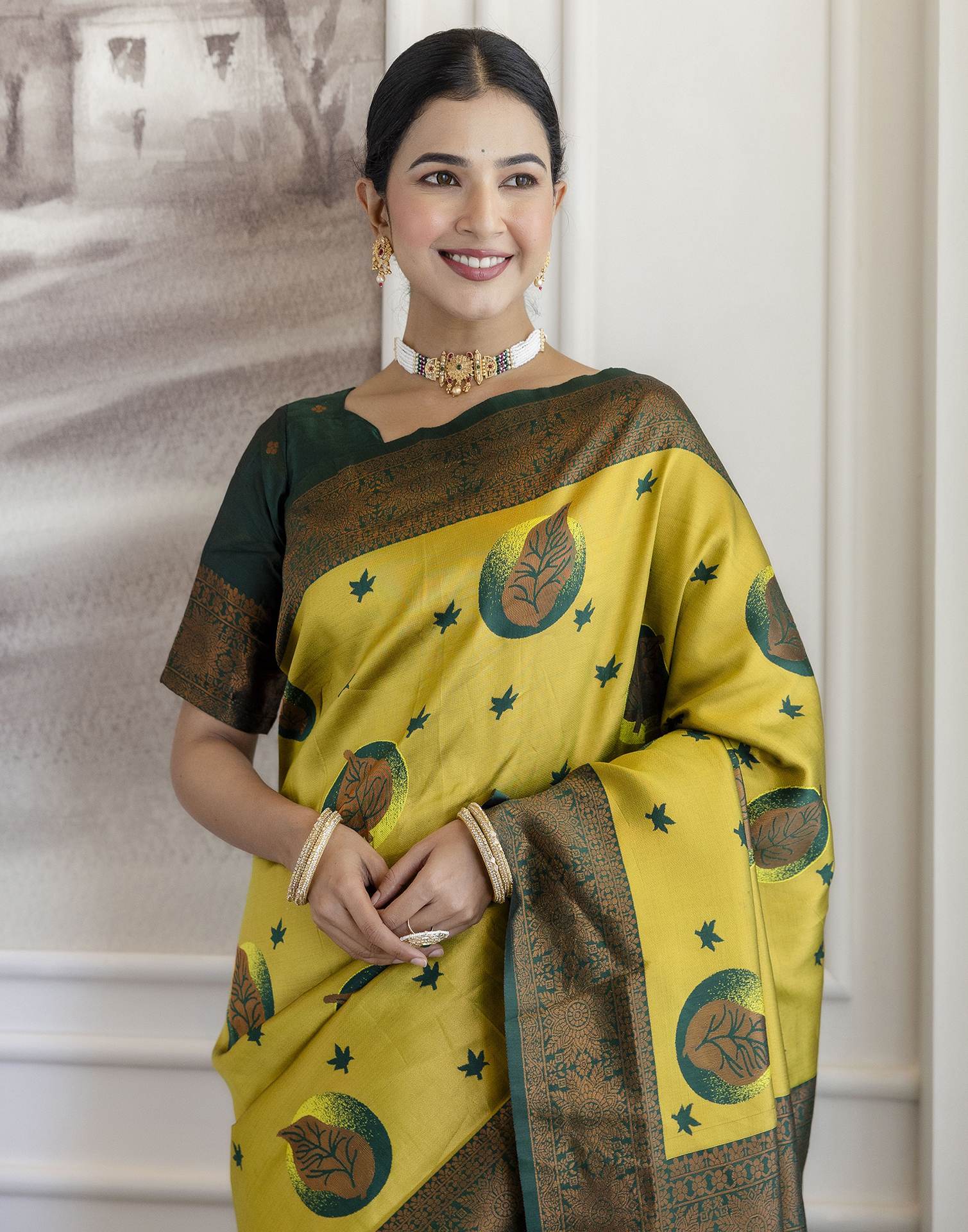 Lime Green Silk Woven Banarasi Saree - Image 11