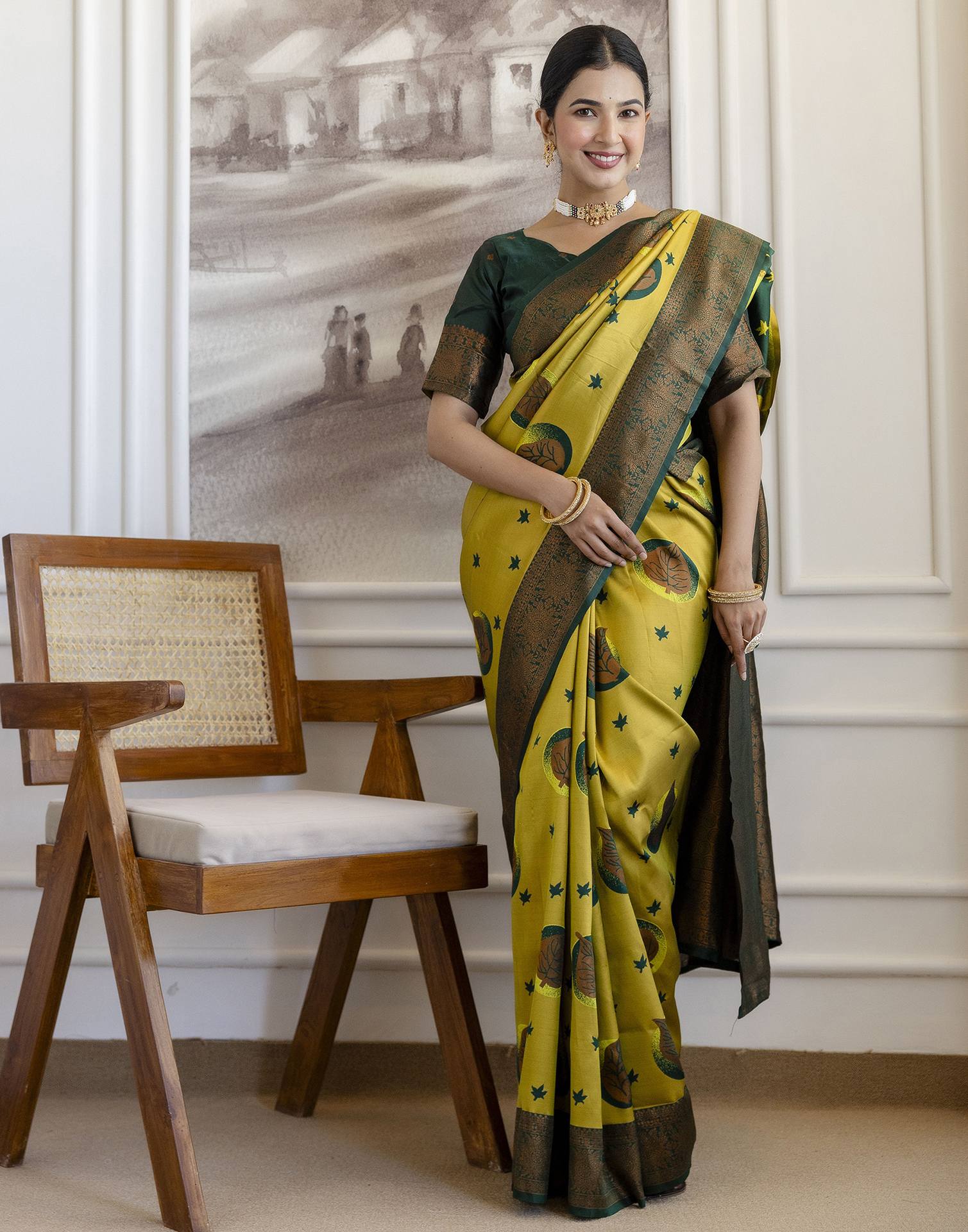 Lime Green Silk Woven Banarasi Saree - Image 5