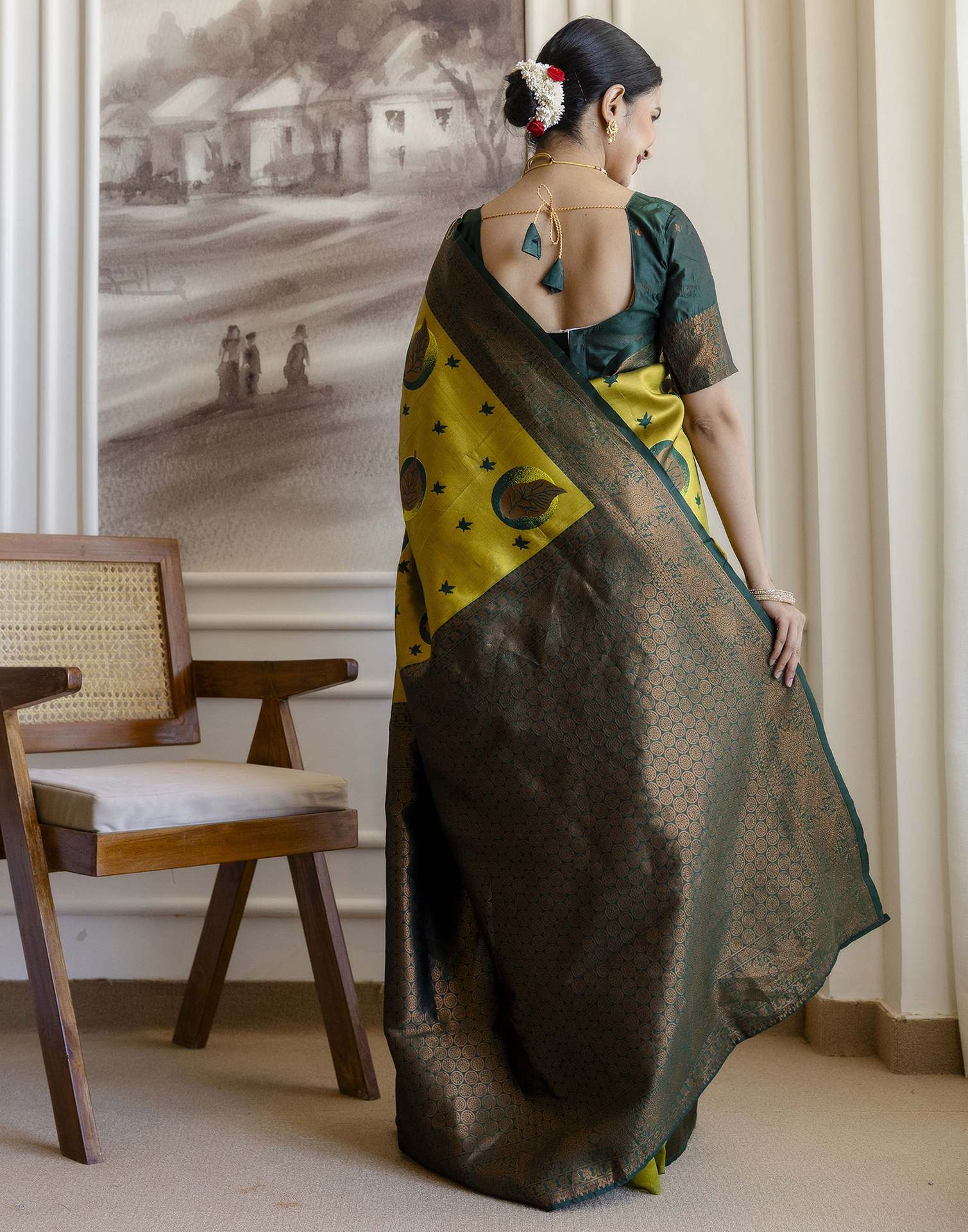Lime Green Silk Woven Banarasi Saree - Image 6