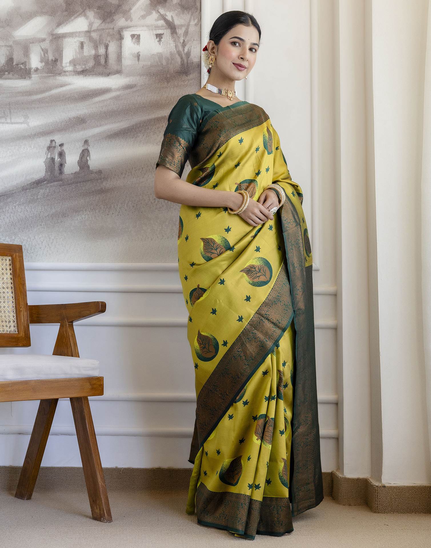 Lime Green Silk Woven Banarasi Saree - Image 7