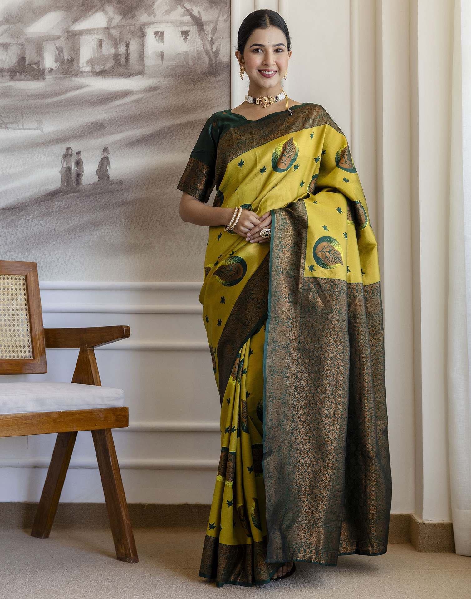 Lime Green Silk Woven Banarasi Saree - Image 8