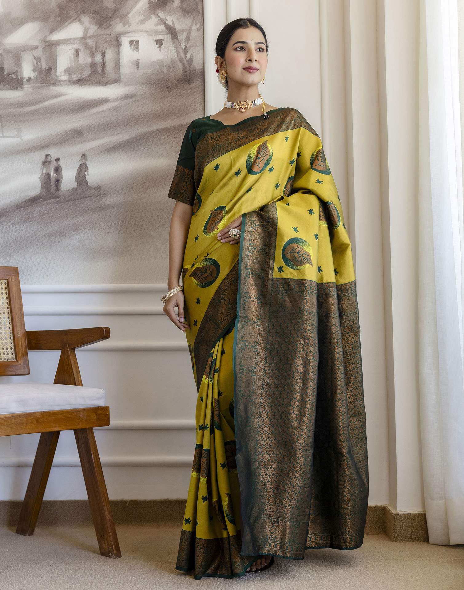 Lime Green Silk Woven Banarasi Saree - Image 9