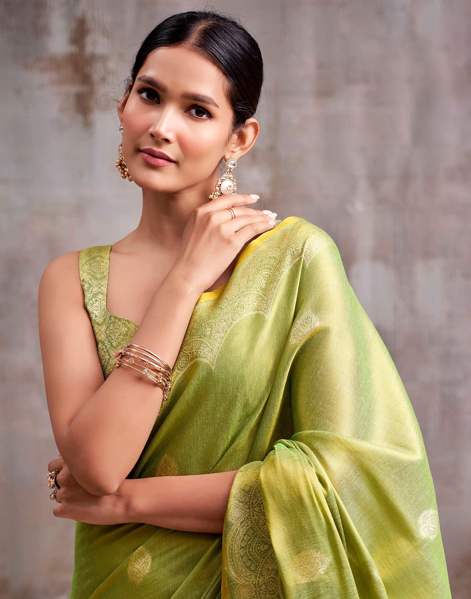 Lime Green Tissue Silk Woven Banarasi Saree - Image 2