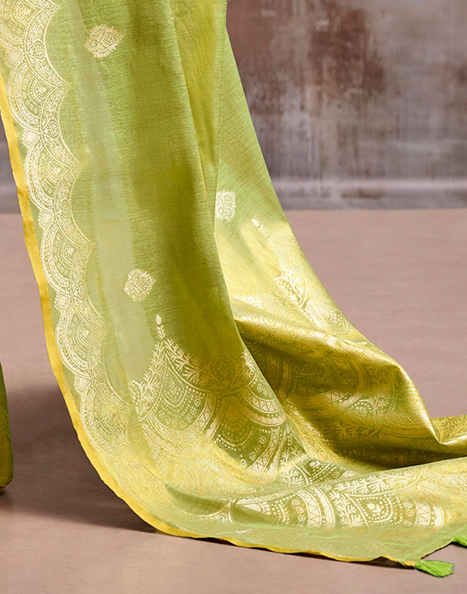 Lime Green Tissue Silk Woven Banarasi Saree - Image 6