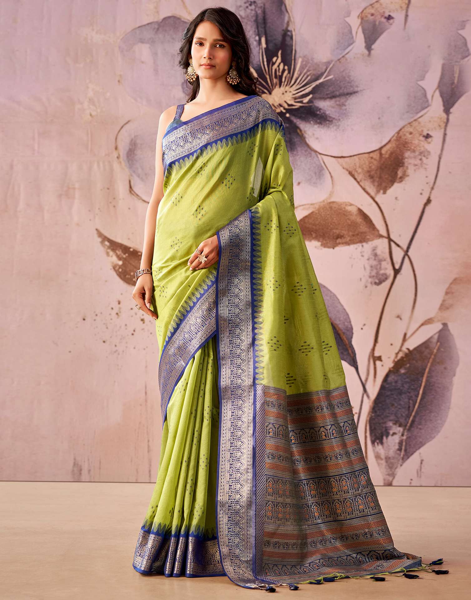 Lime Green Tussar Silk Woven Kanjivaram Saree - Image 2
