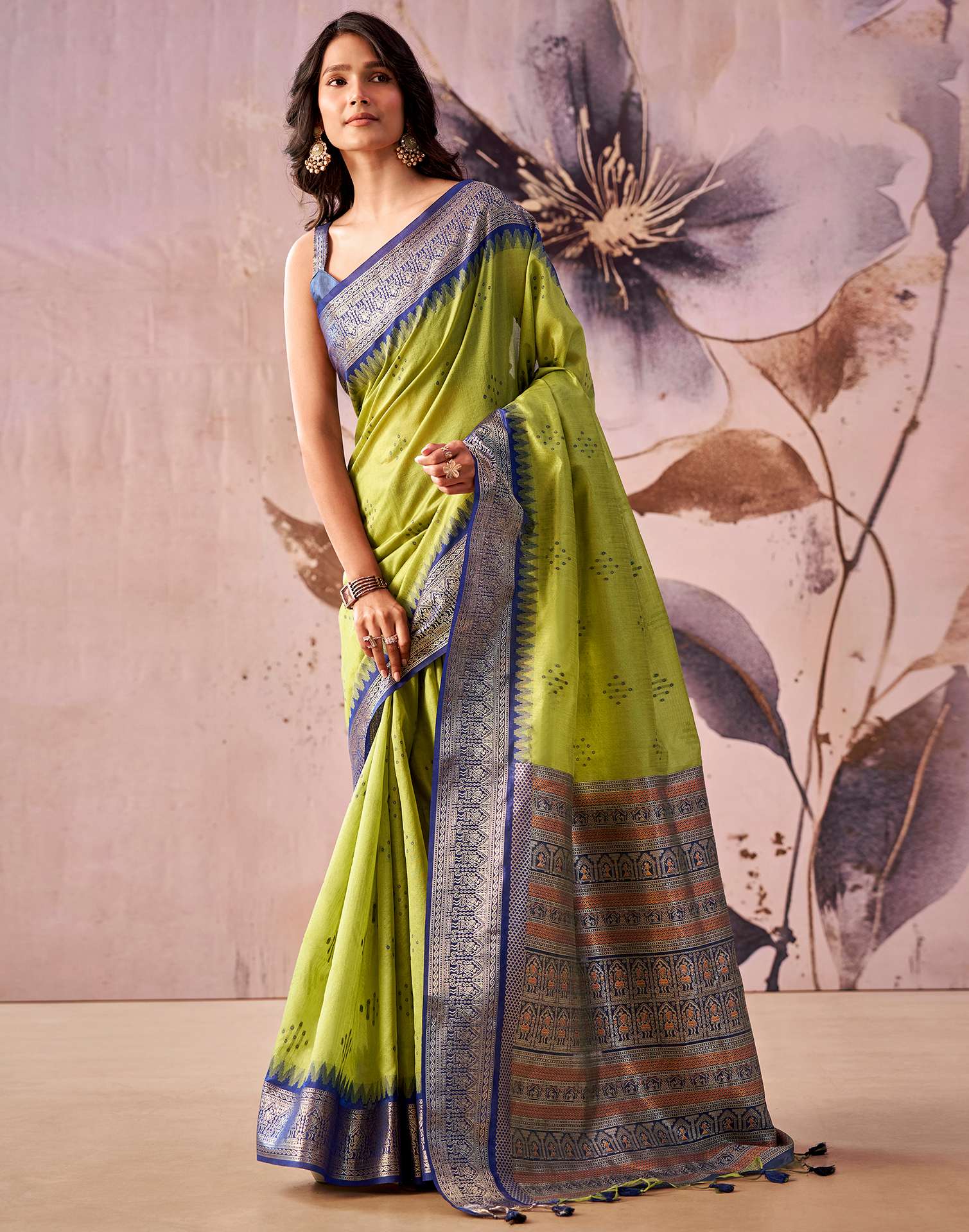 Lime Green Tussar Silk Woven Kanjivaram Saree - Image 4