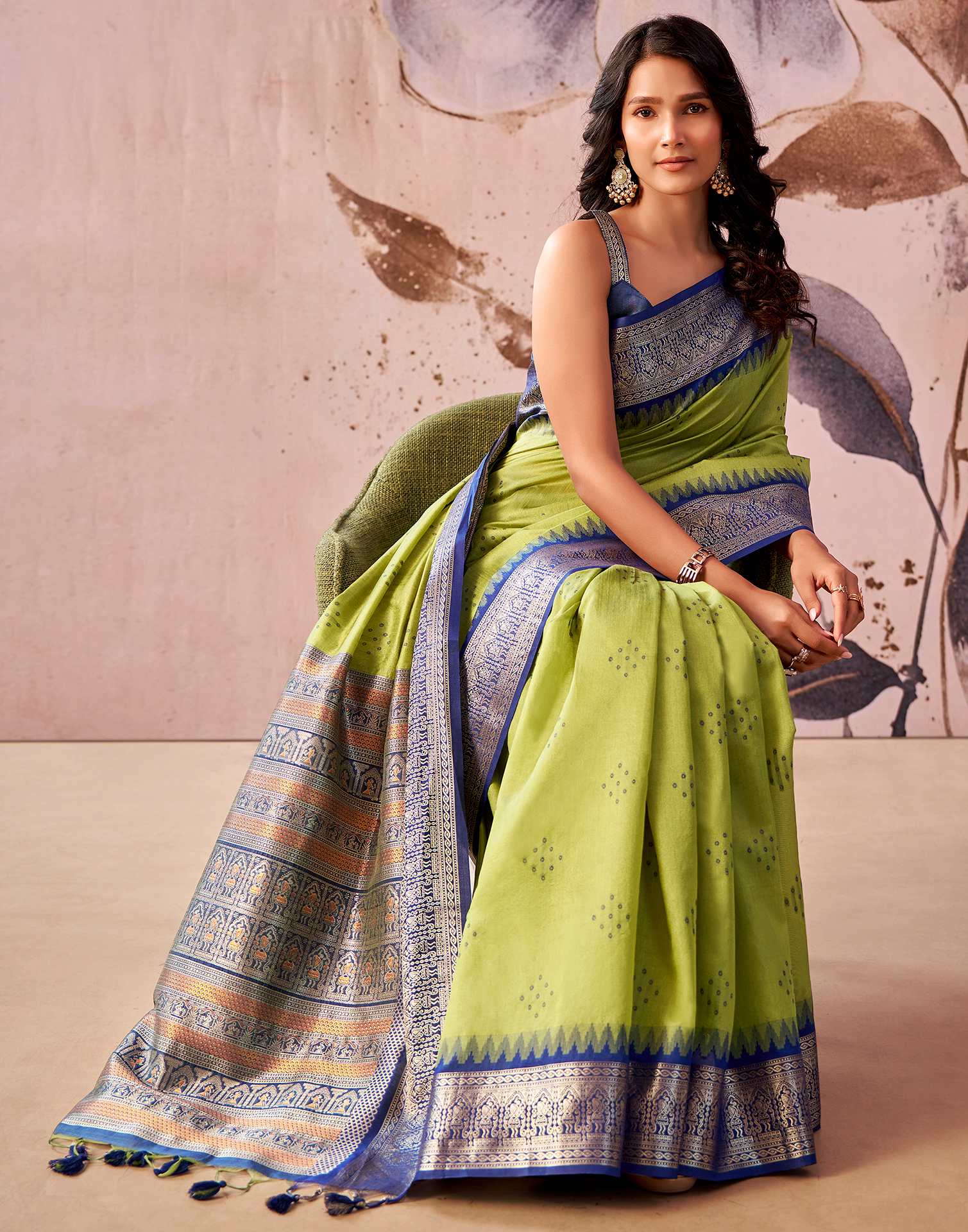 Lime Green Tussar Silk Woven Kanjivaram Saree - Image 5