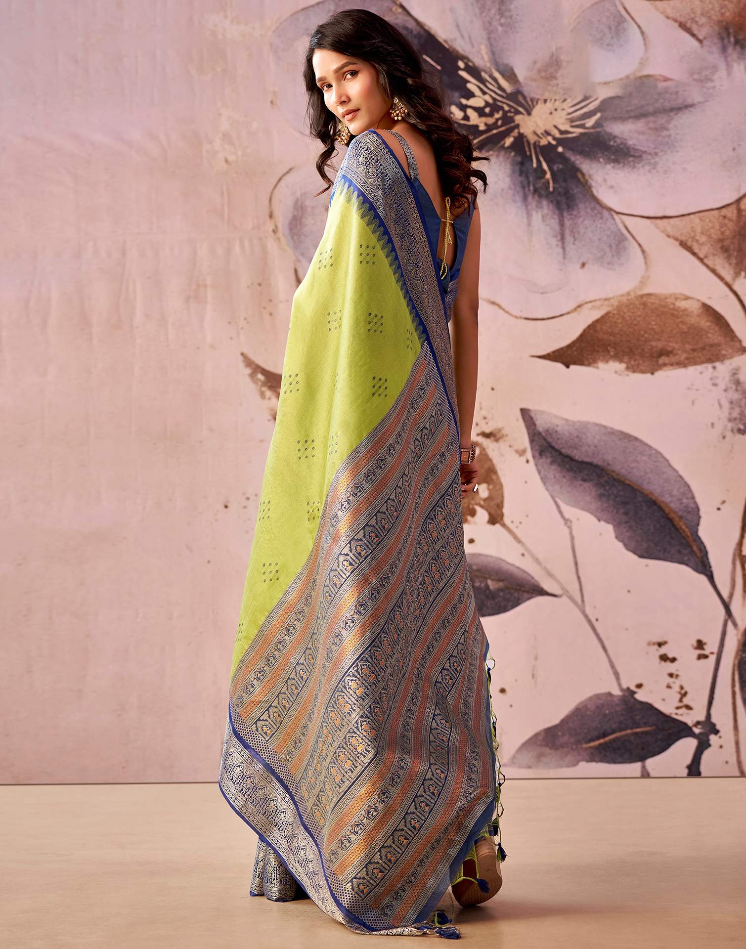 Lime Green Tussar Silk Woven Kanjivaram Saree - Image 6