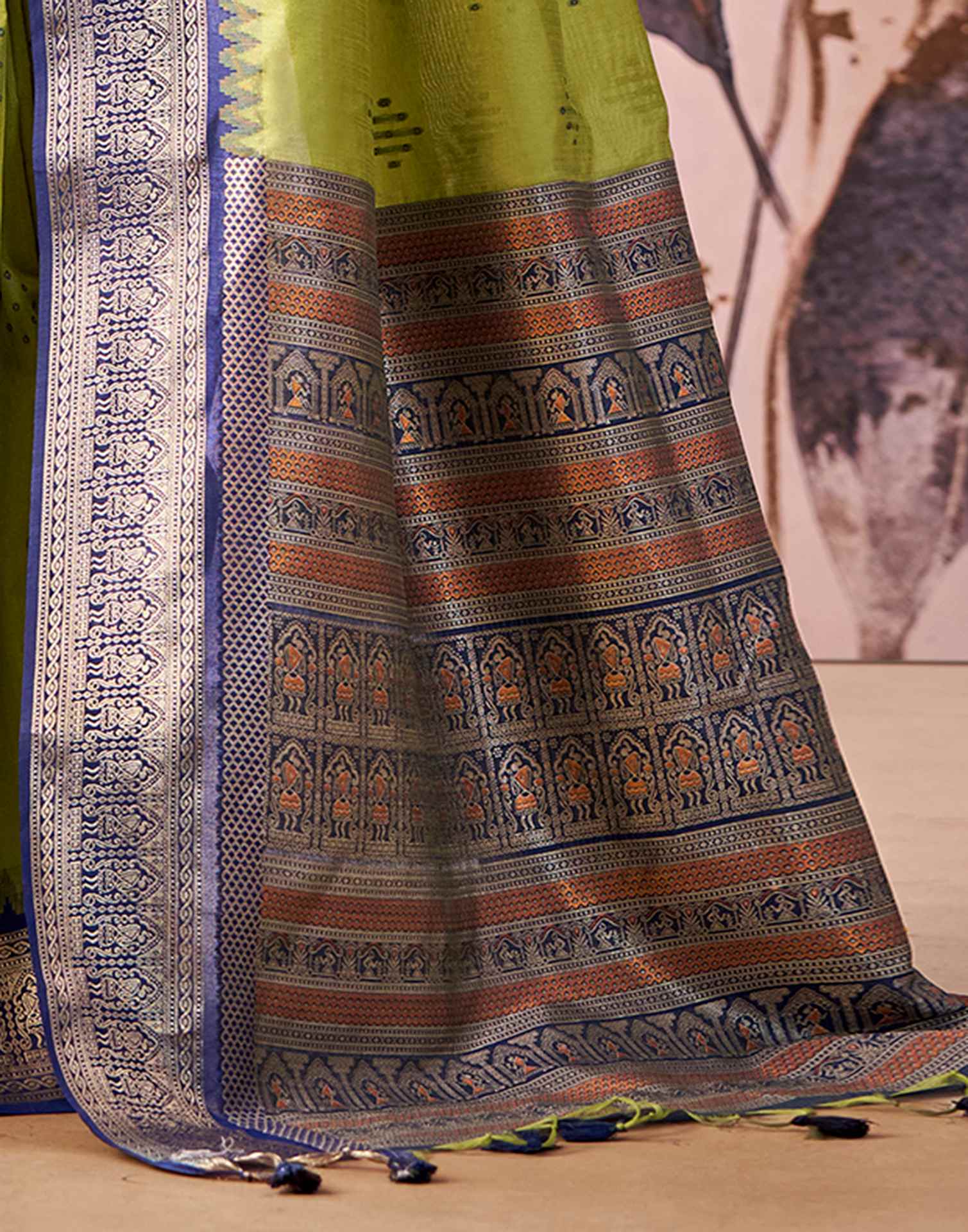 Lime Green Tussar Silk Woven Kanjivaram Saree - Image 7