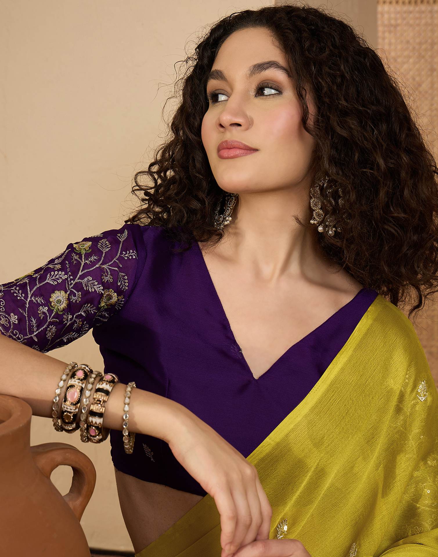 Lime Yellow Chiffon Sequence Embroidery Saree - Image 2