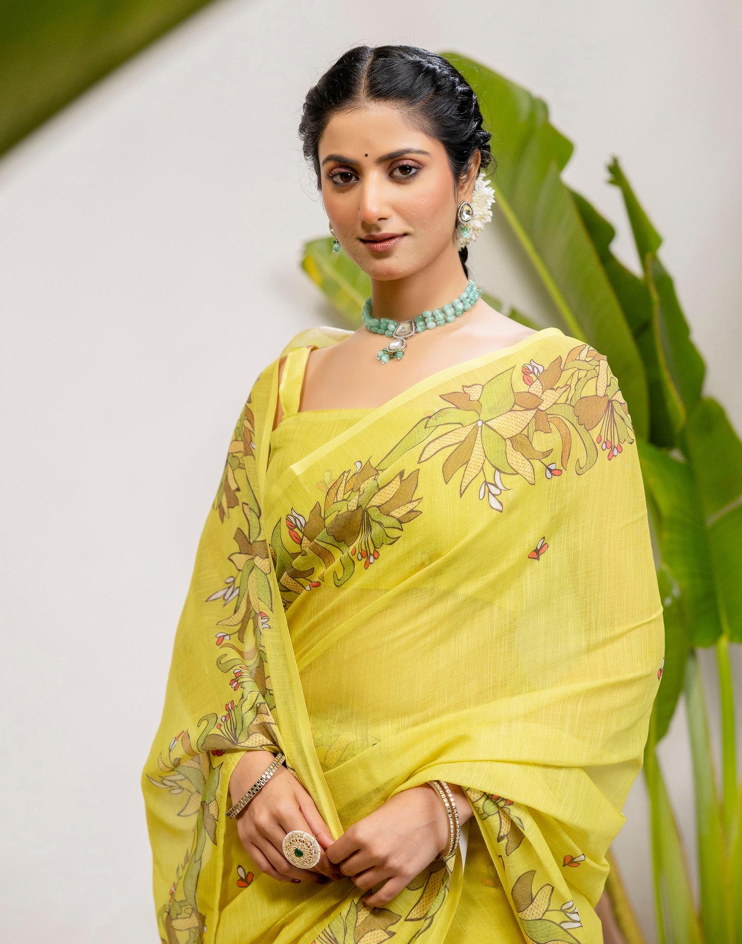 Lime Yellow Cotton Printed Saree - Image 2