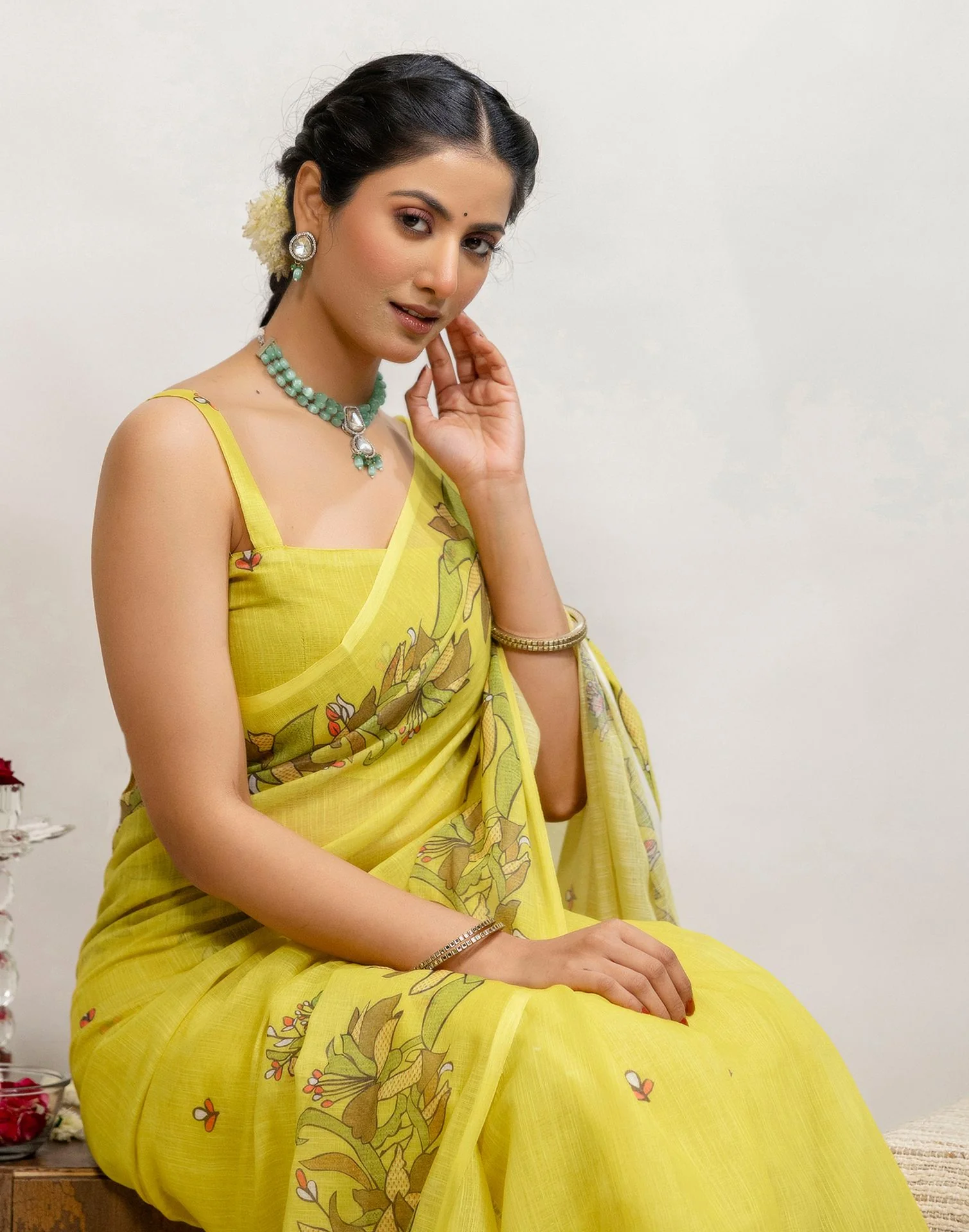 Lime Yellow Cotton Printed Saree - Image 4