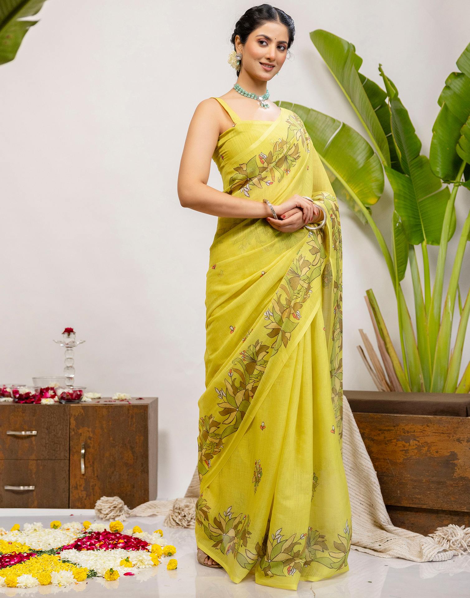 Lime Yellow Cotton Printed Saree - Image 5