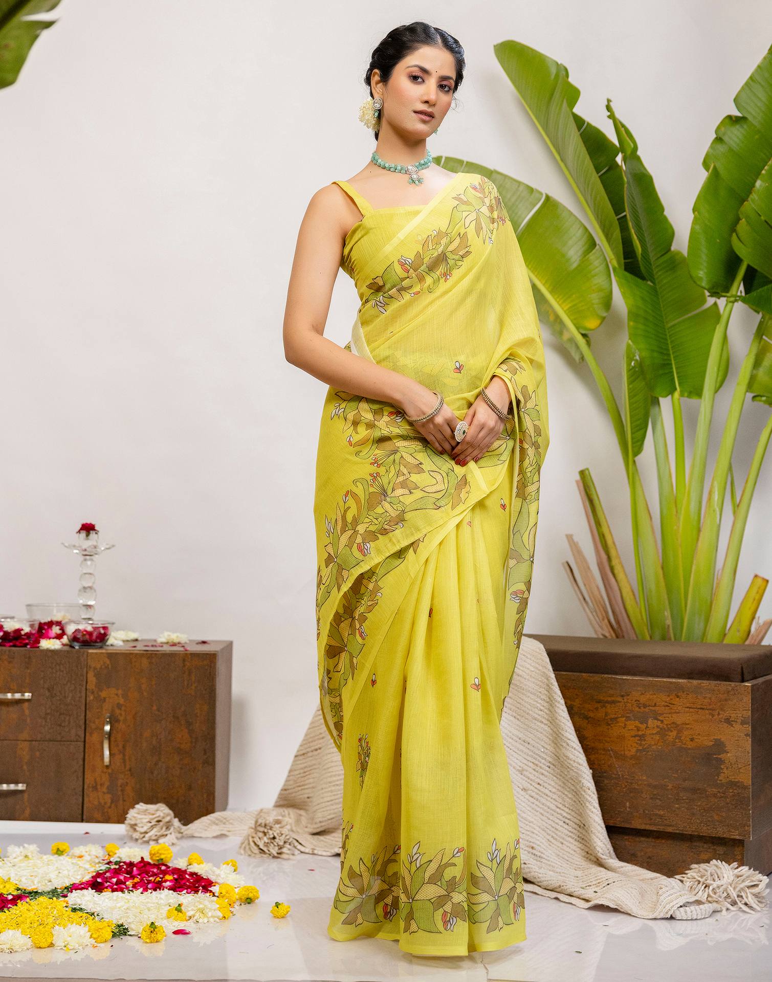 Lime Yellow Cotton Printed Saree - Image 6