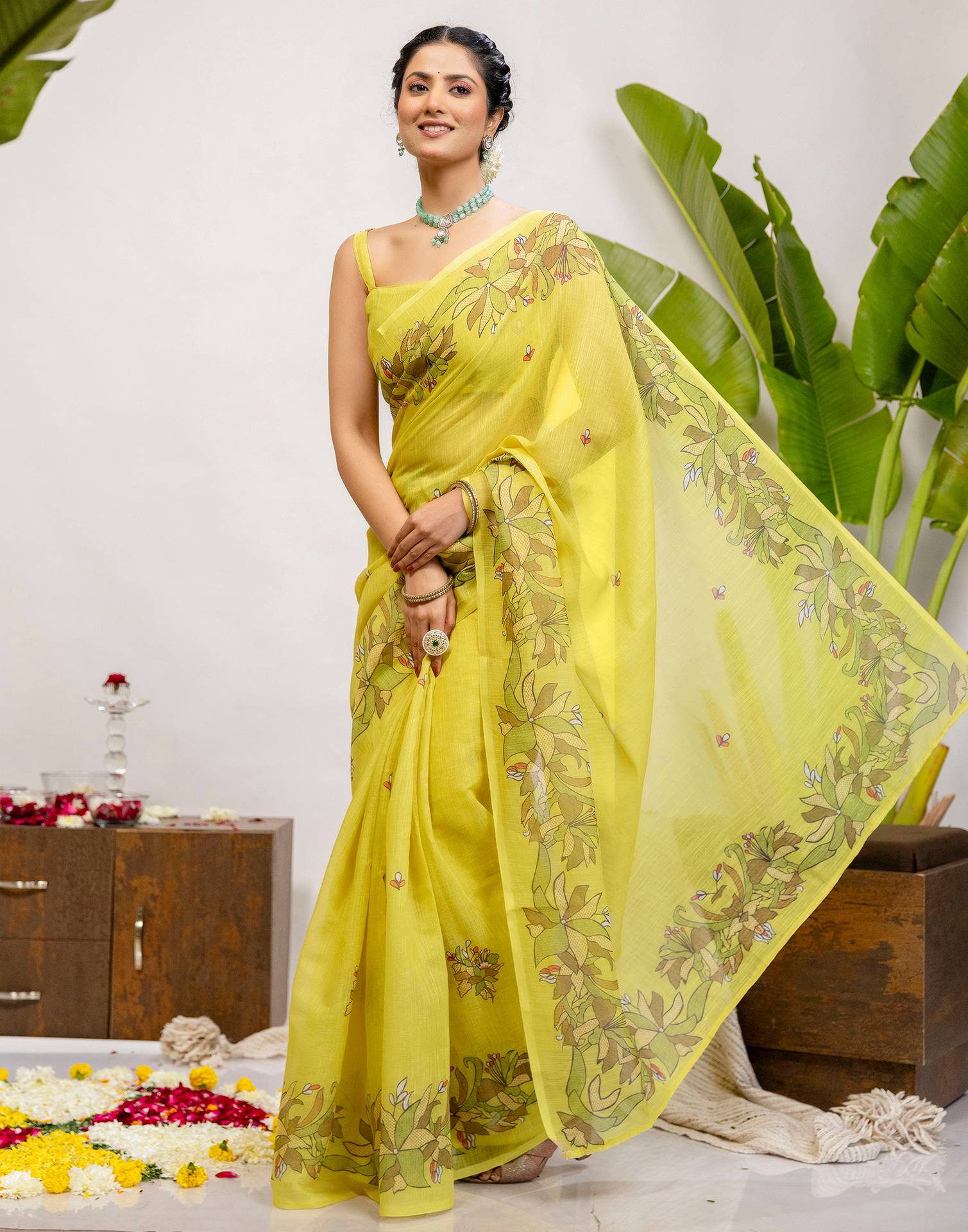Lime Yellow Cotton Printed Saree - Image 8