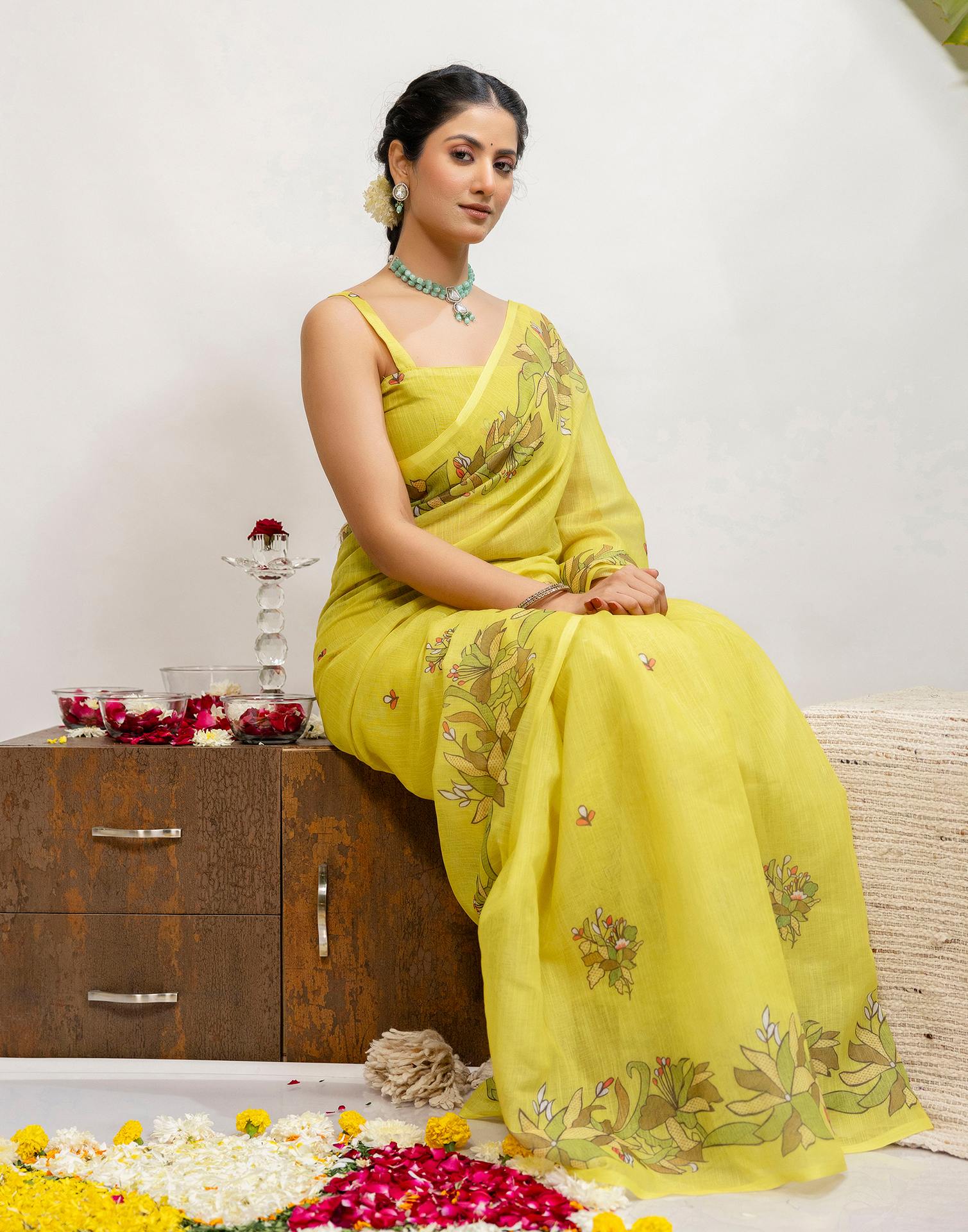 Lime Yellow Cotton Printed Saree - Image 9