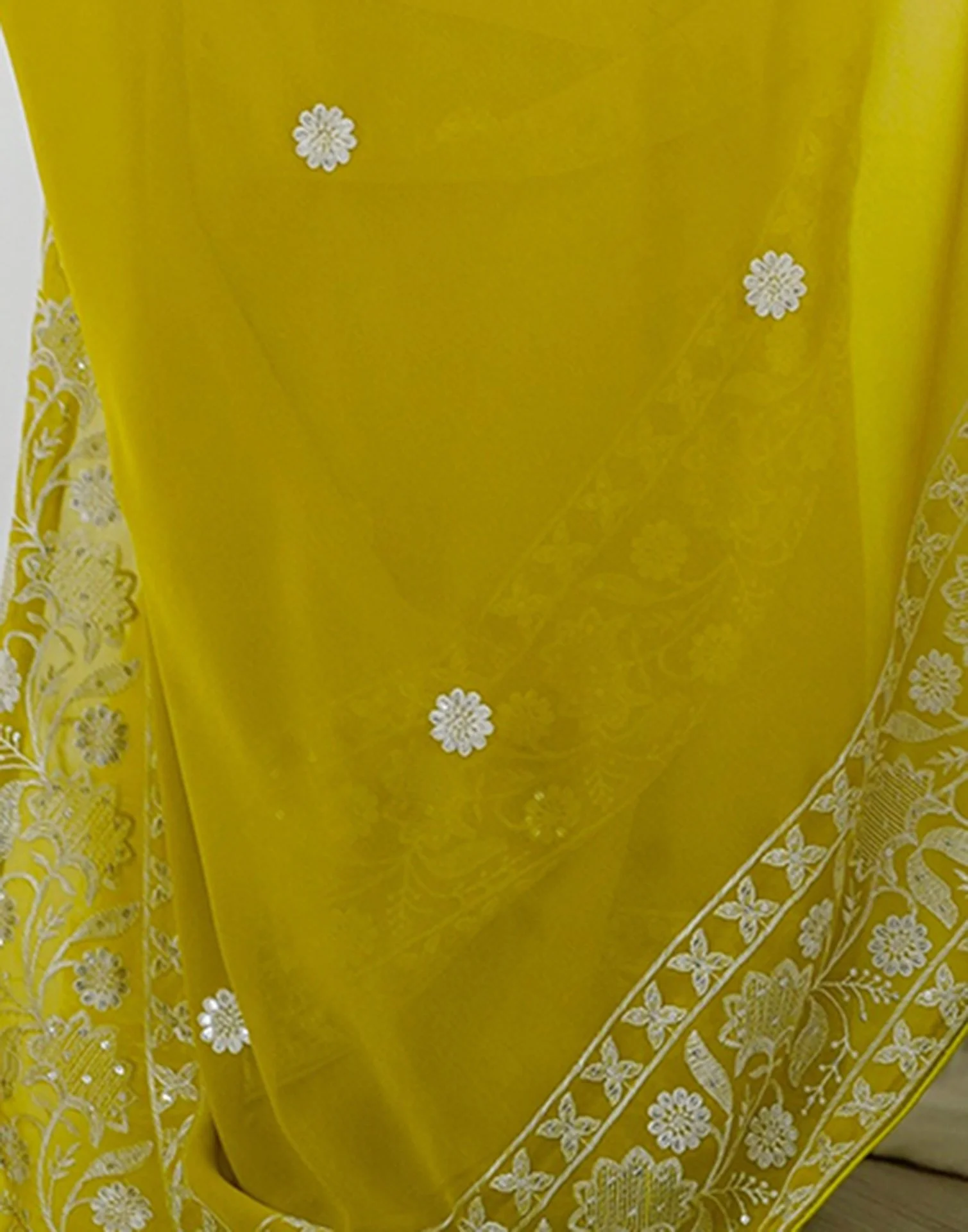 Lime Yellow Georgette Embroidery Saree - Image 10