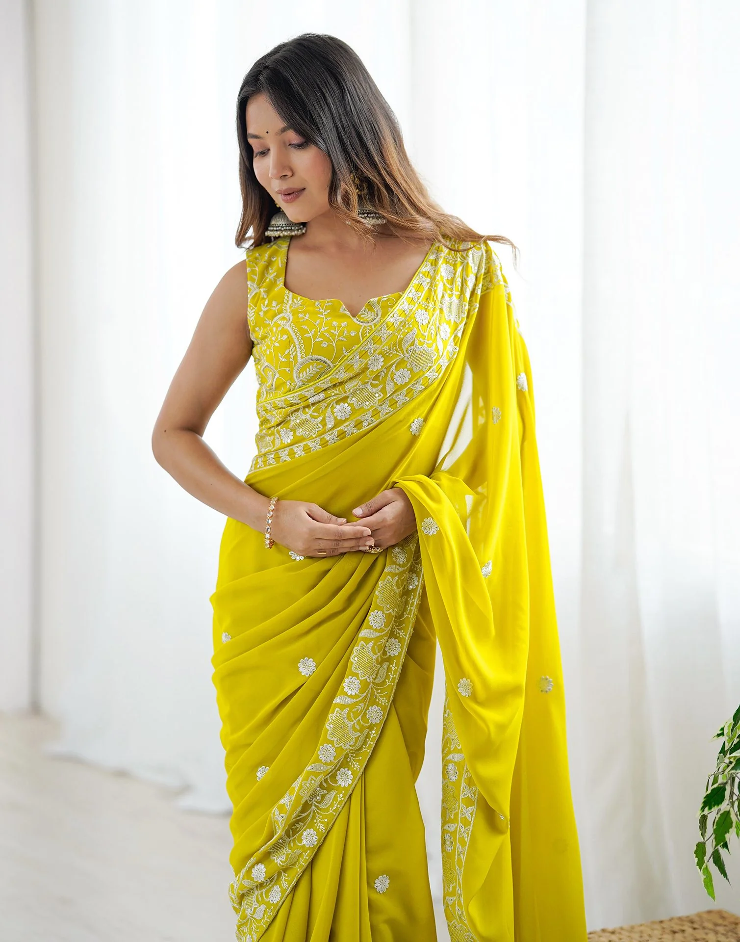 Lime Yellow Georgette Embroidery Saree - Image 2