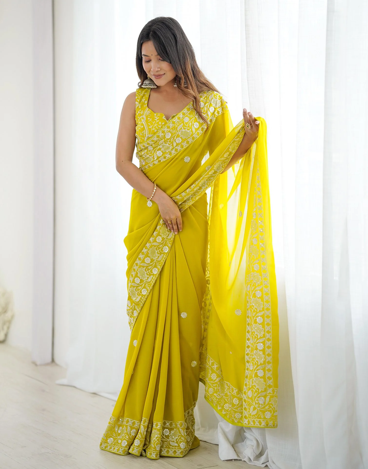 Lime Yellow Georgette Embroidery Saree - Image 5