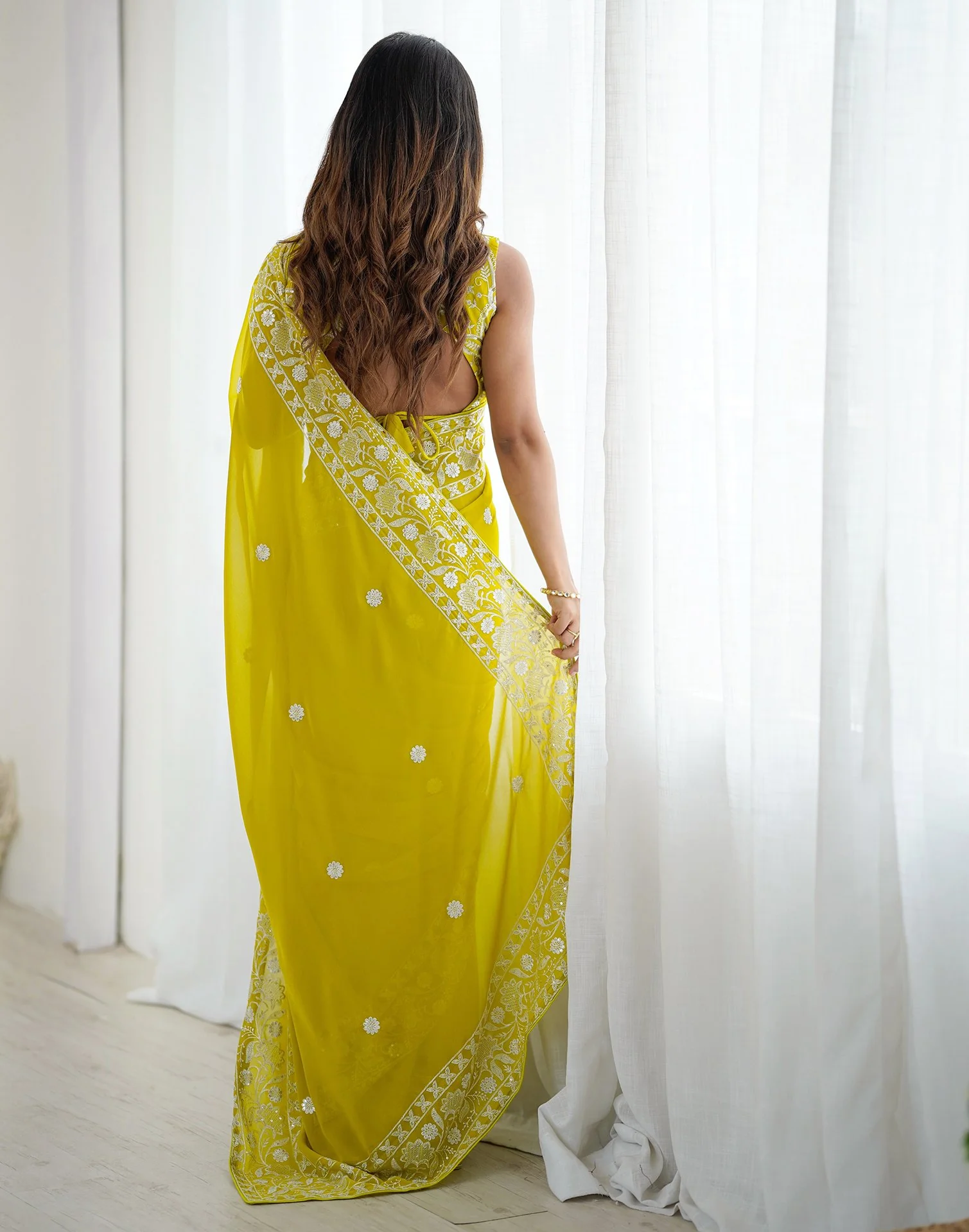 Lime Yellow Georgette Embroidery Saree - Image 6