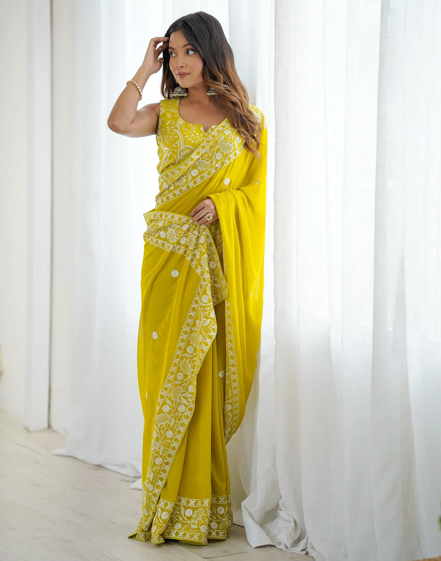 Lime Yellow Georgette Embroidery Saree - Image 7