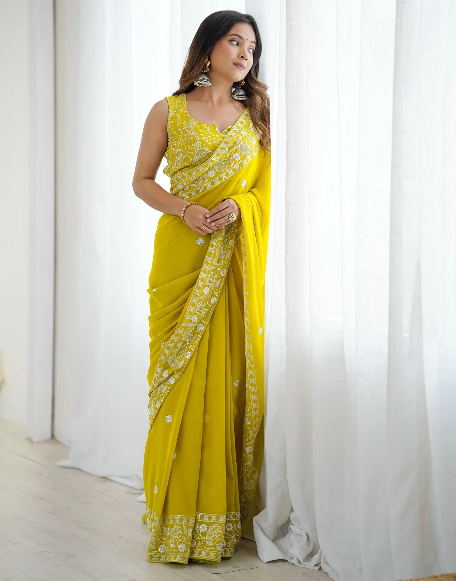 Lime Yellow Georgette Embroidery Saree - Image 8