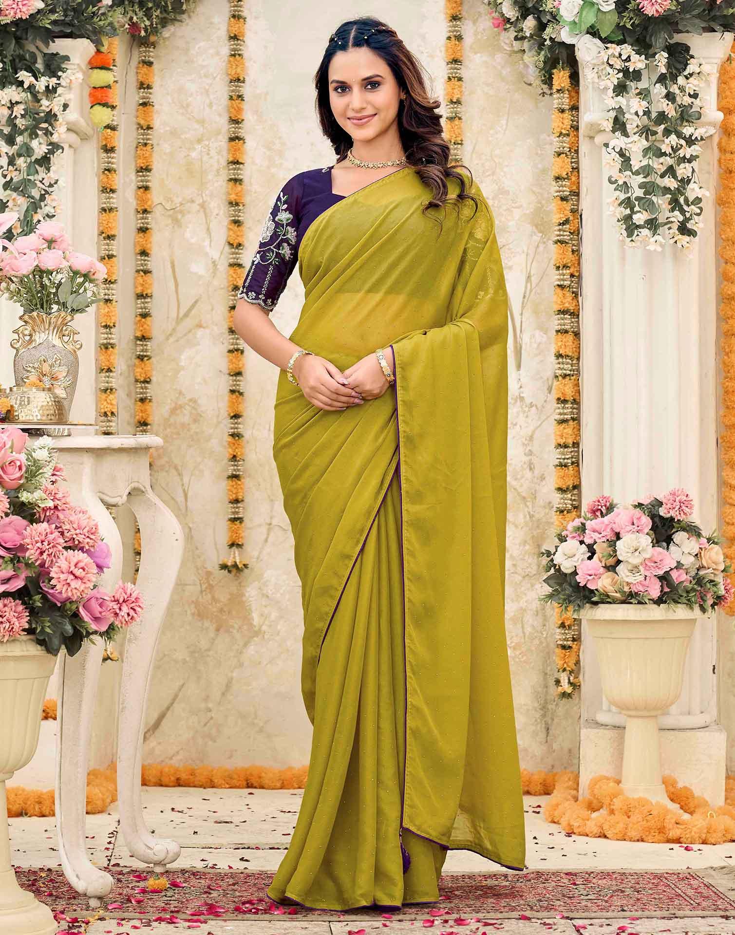 Lime Yellow Georgette Stone Work Swarovski Saree