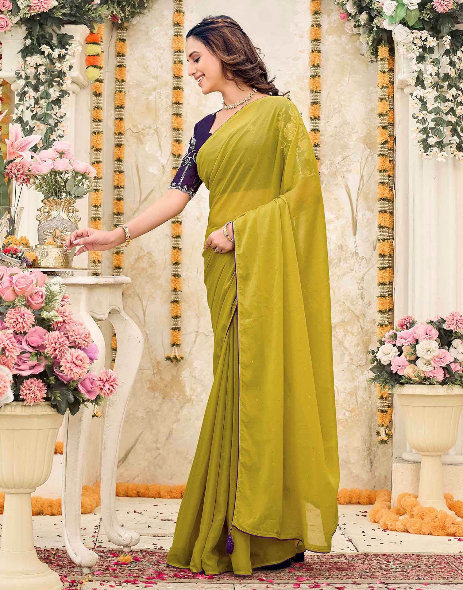 Lime Yellow Georgette Stone Work Swarovski Saree - Image 4