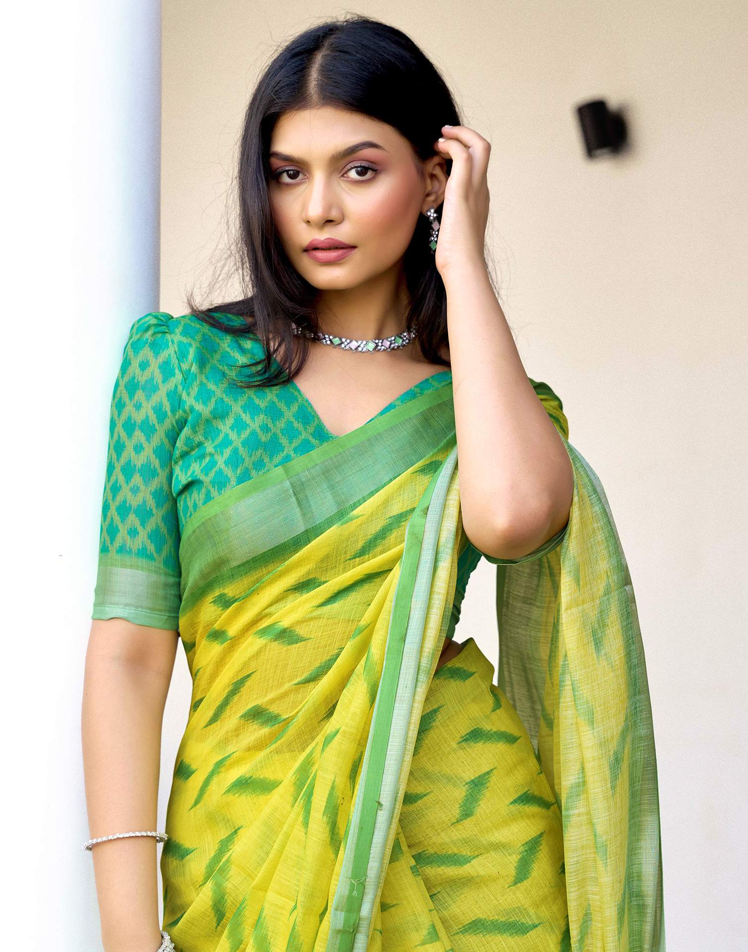 Lime Yellow Linen Ikkat Printed Saree - Image 2