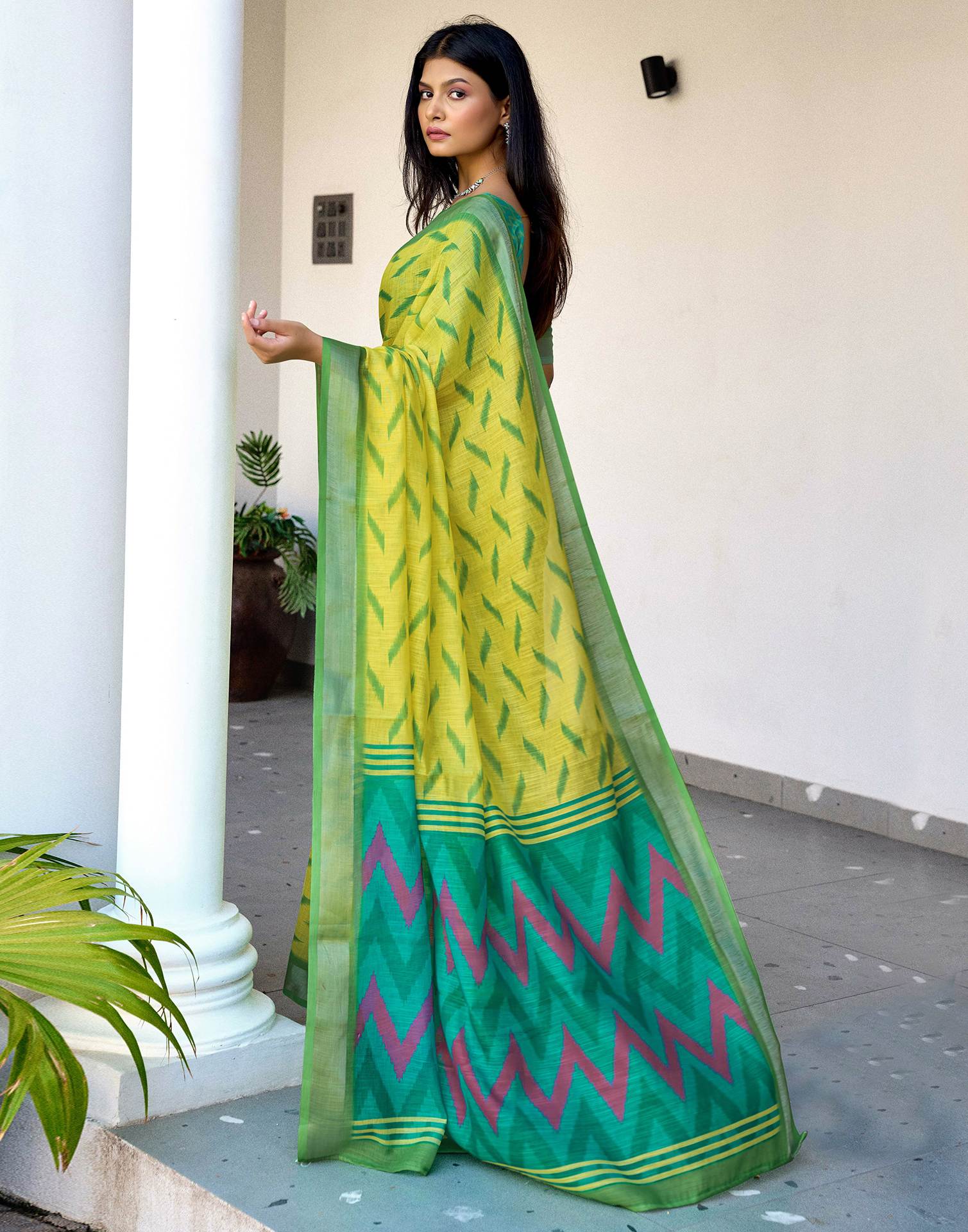 Lime Yellow Linen Ikkat Printed Saree - Image 4