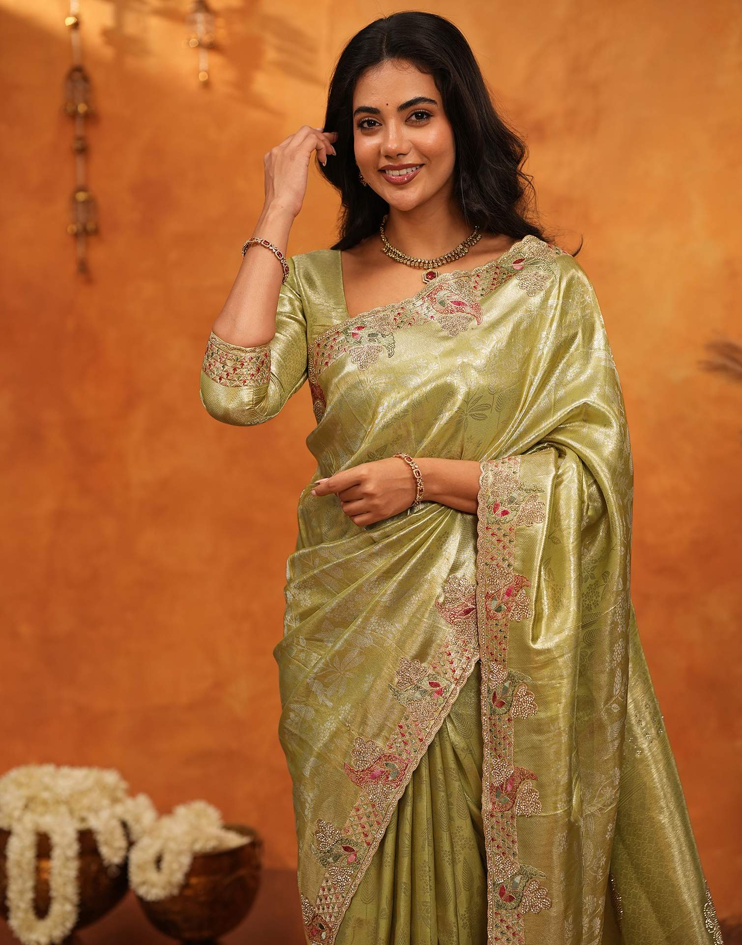 Lime Yellow Silk Woven Embroidery Stone Work Banarasi Saree - Image 10