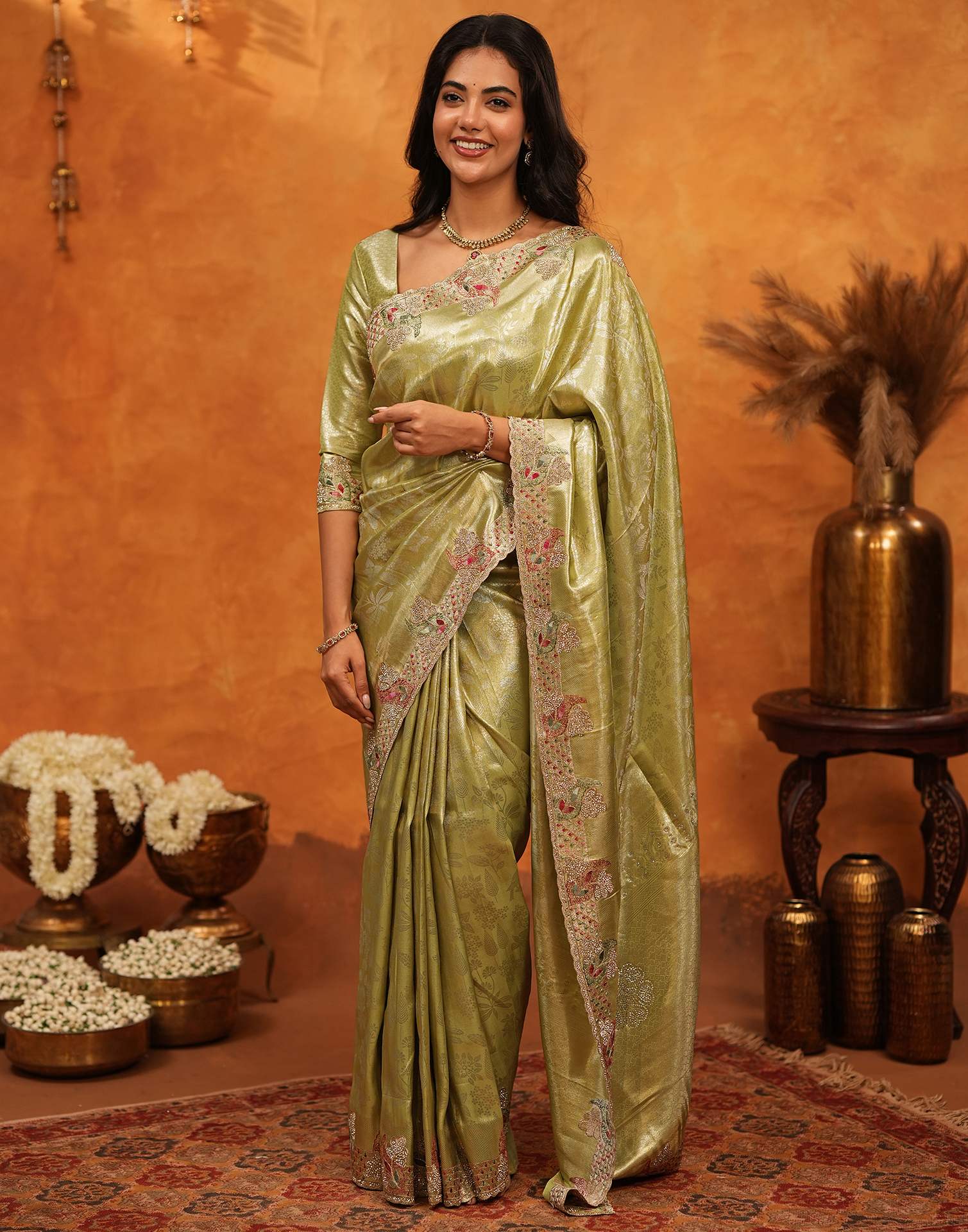 Lime Yellow Silk Woven Embroidery Stone Work Banarasi Saree - Image 5