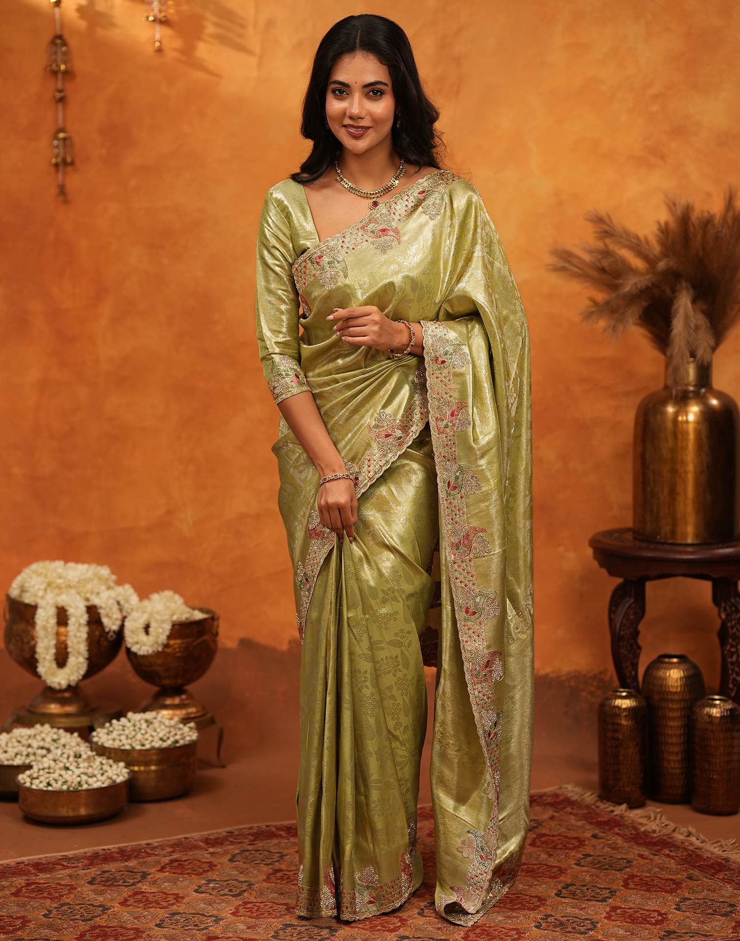 Lime Yellow Silk Woven Embroidery Stone Work Banarasi Saree - Image 6