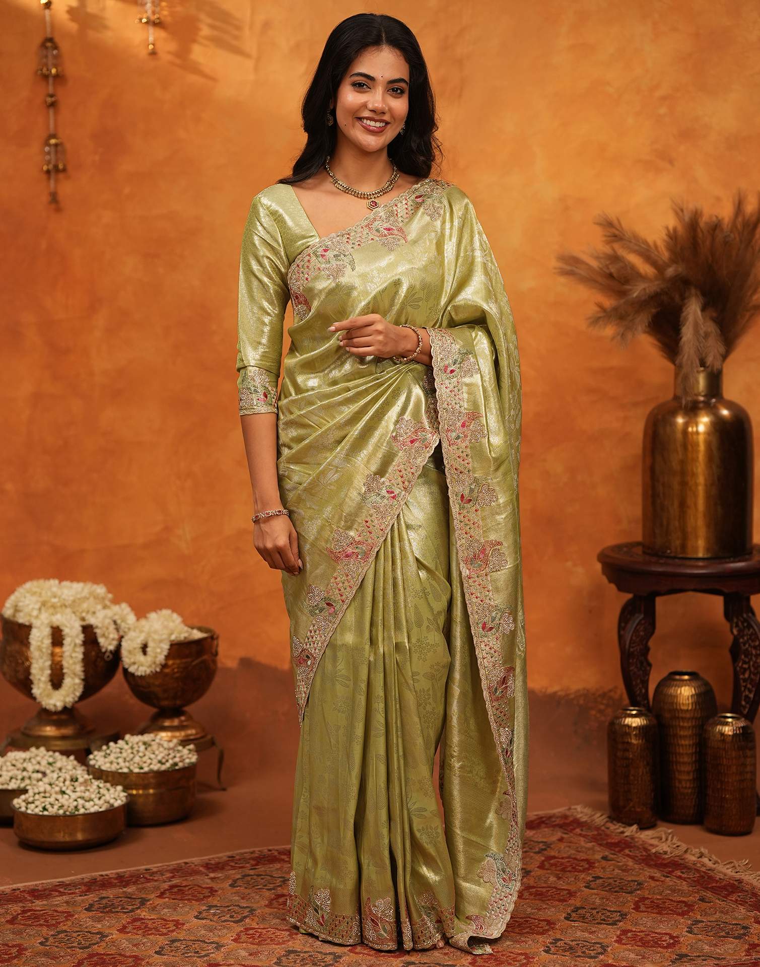 Lime Yellow Silk Woven Embroidery Stone Work Banarasi Saree - Image 8