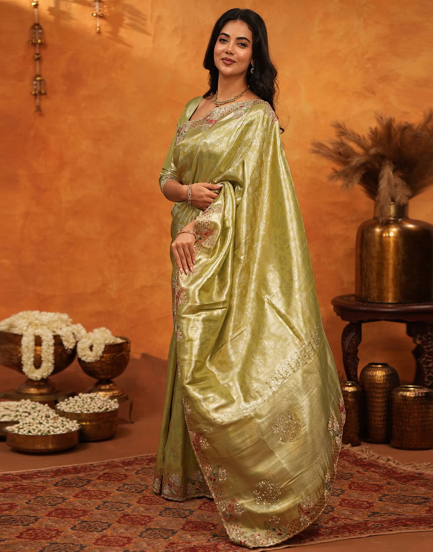 Lime Yellow Silk Woven Embroidery Stone Work Banarasi Saree - Image 9