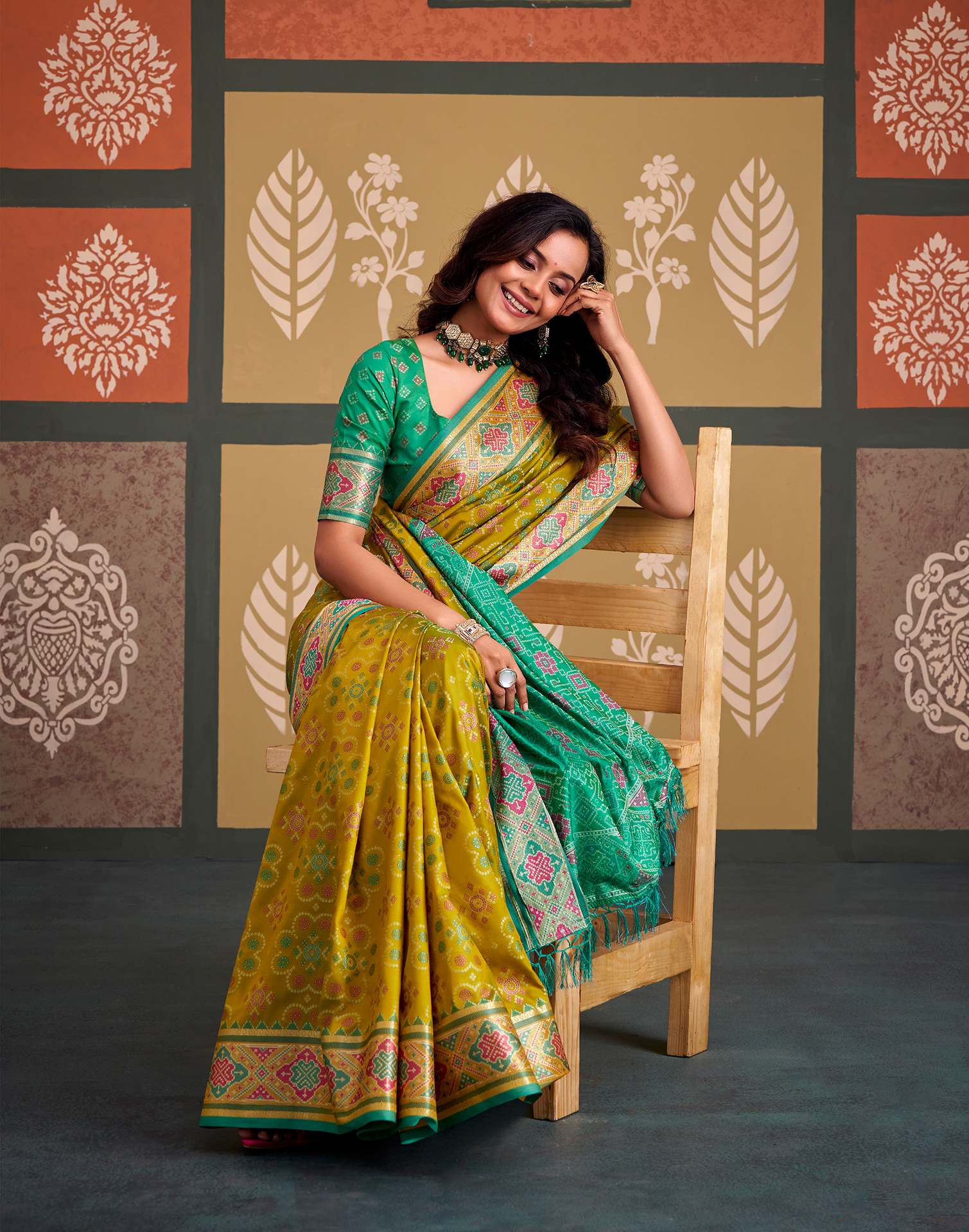 Lime Yellow Silk Woven Patola Saree - Image 5