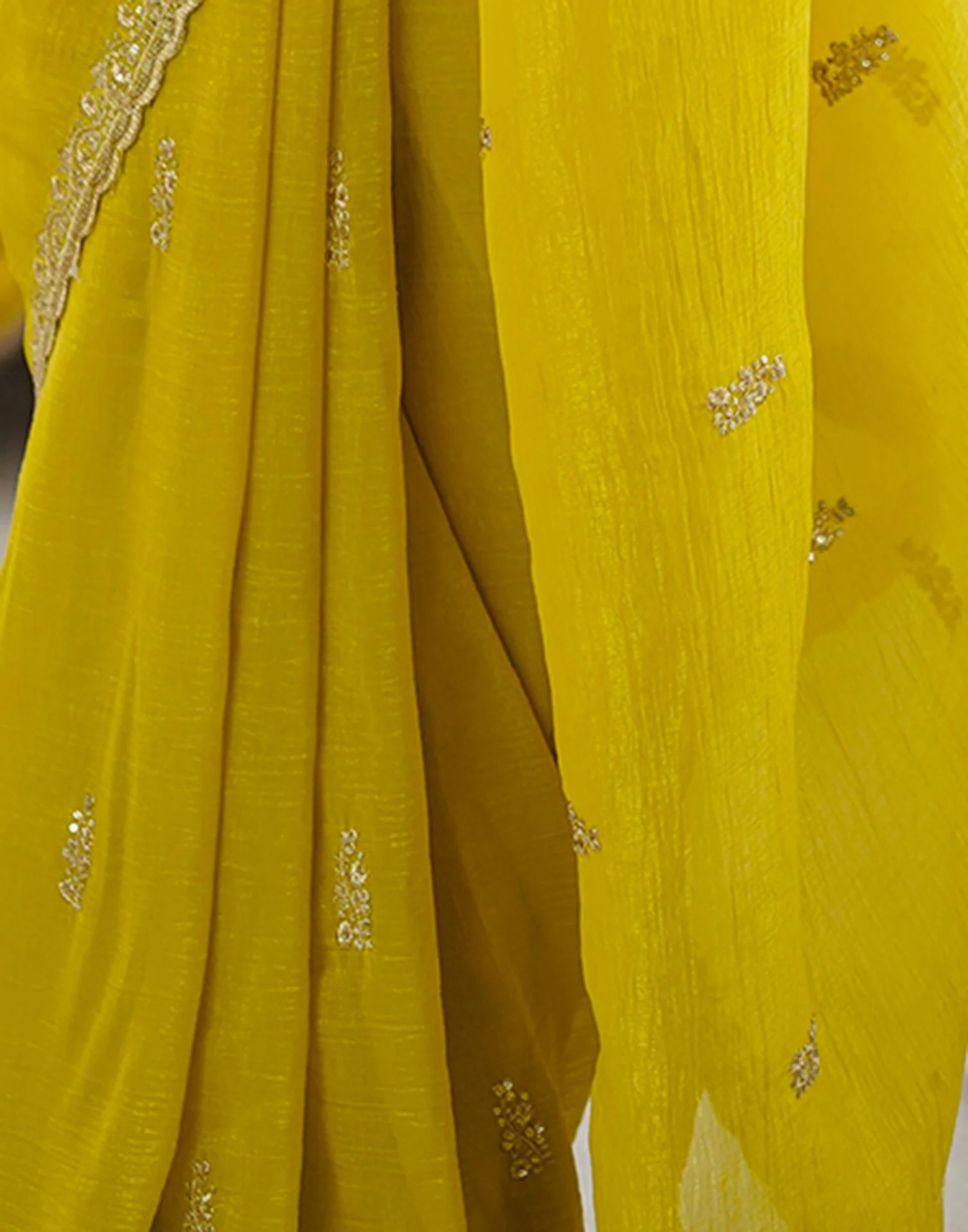 Lime Yellow Tissue Silk Sequence Embroidery Saree - Image 11