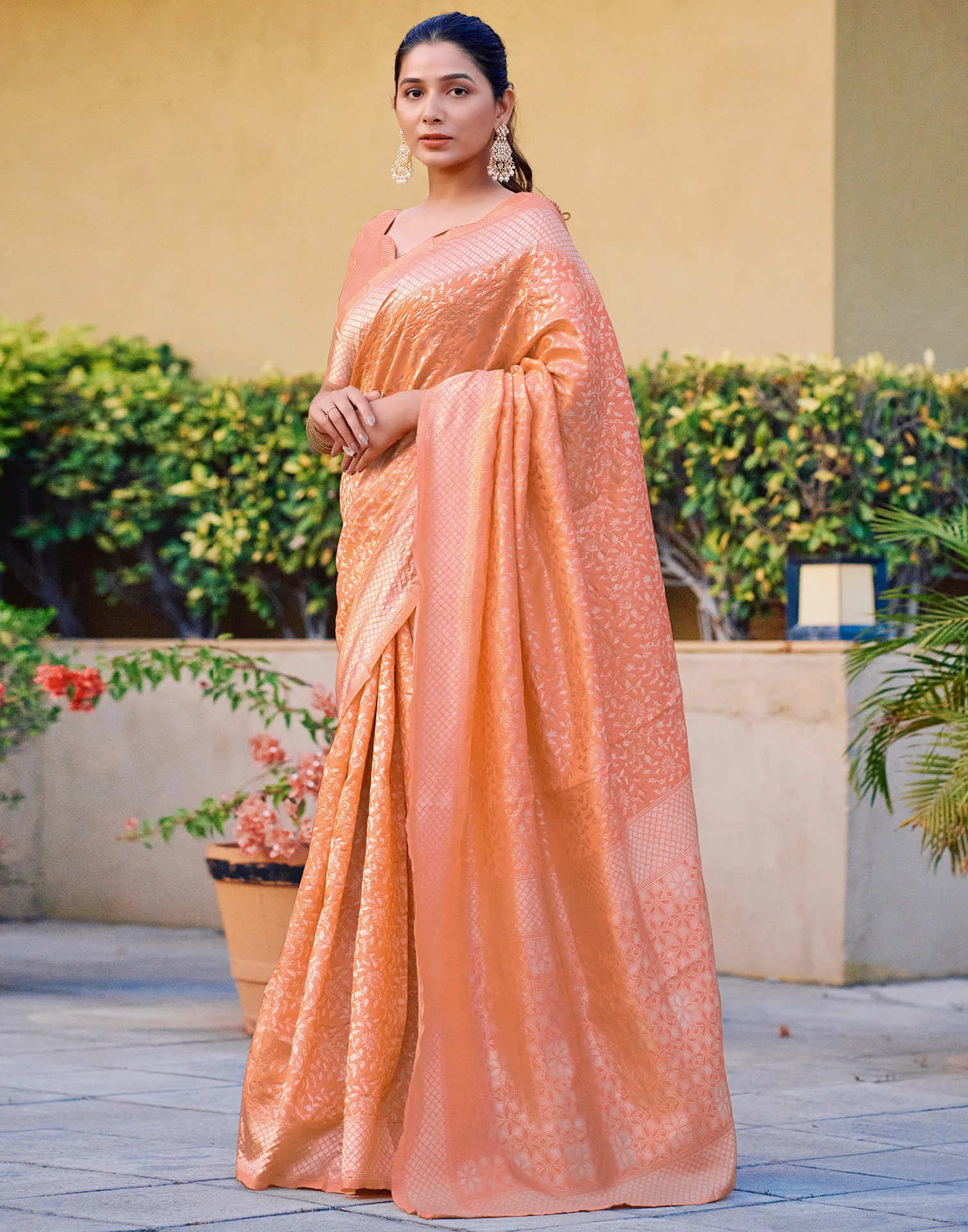 Light Orange Silk Woven Banarasi Saree - Image 5