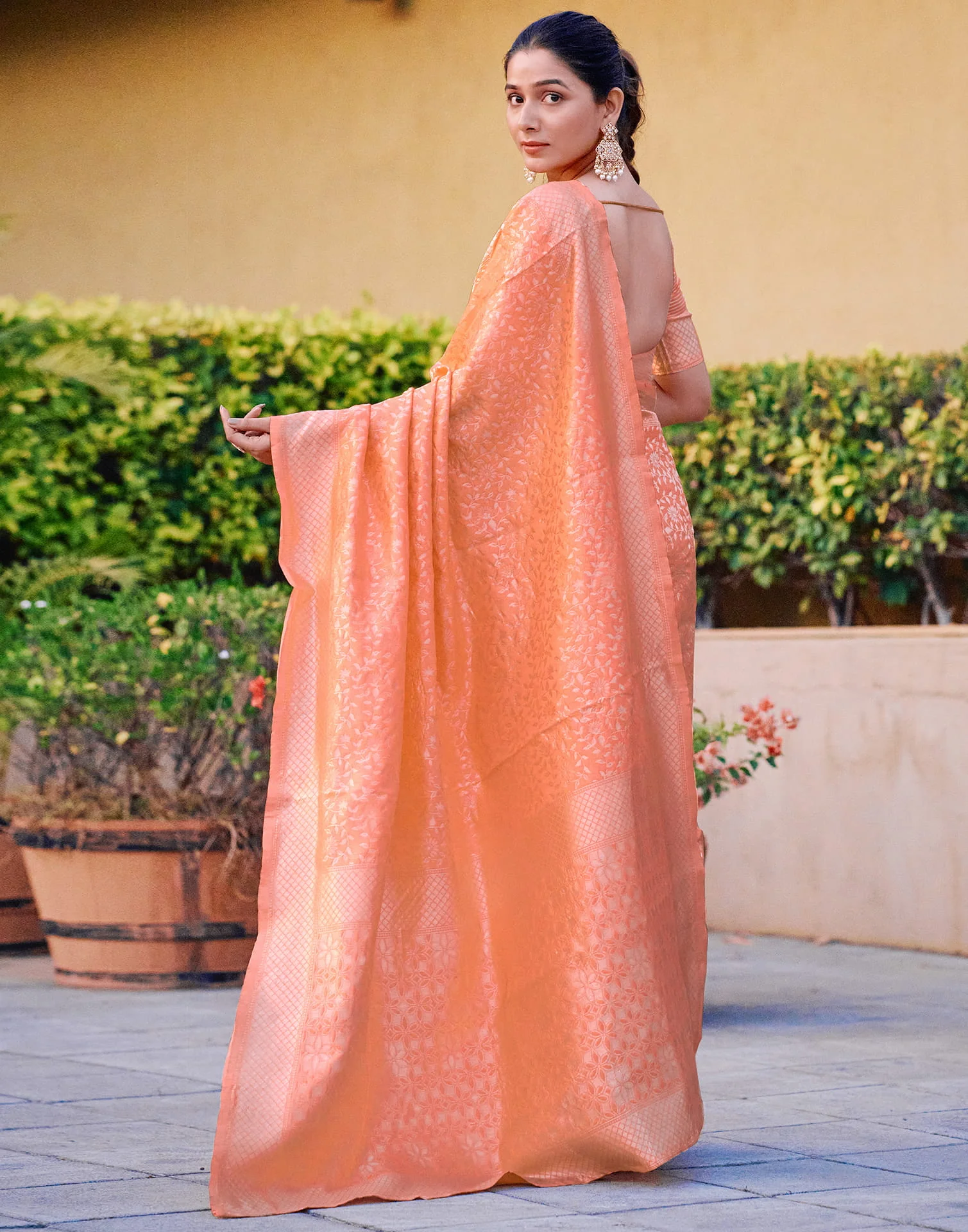 Light Orange Silk Woven Banarasi Saree - Image 6
