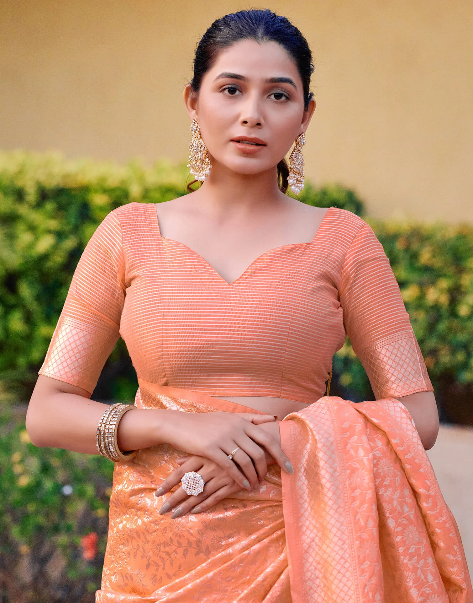 Light Orange Silk Woven Banarasi Saree - Image 7