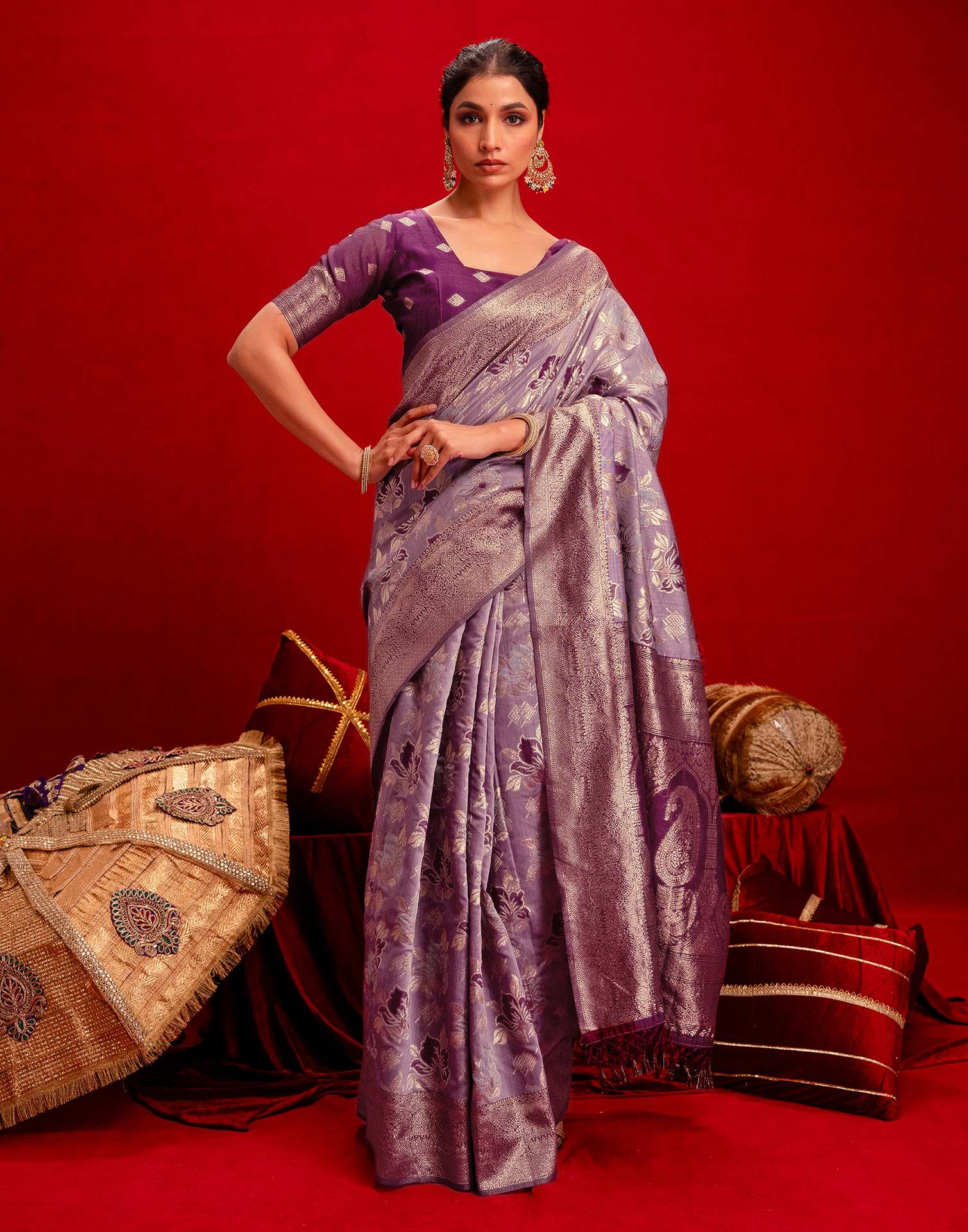 Magenta Chanderi Cotton Woven Banarasi Saree - Image 2