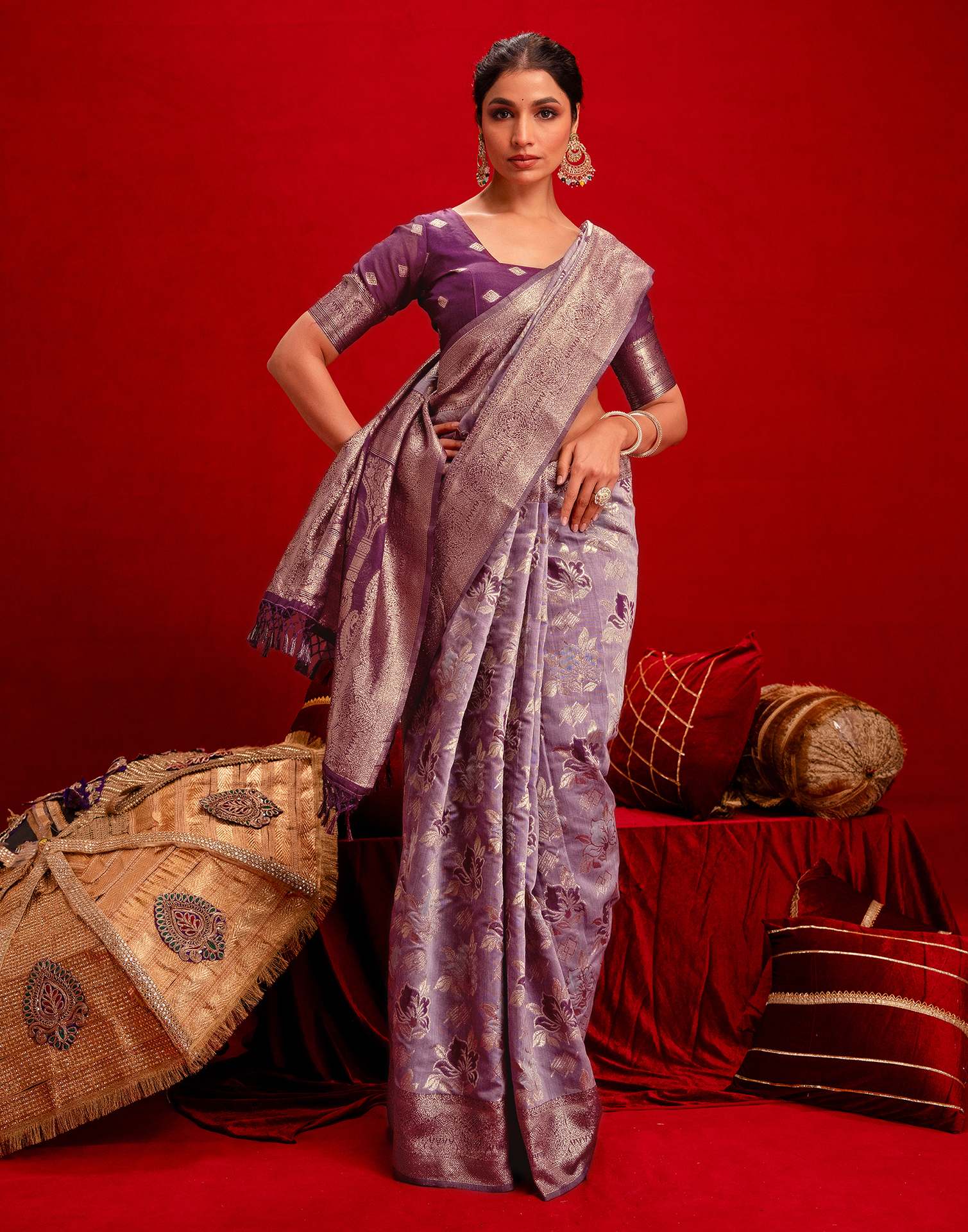 Magenta Chanderi Cotton Woven Banarasi Saree - Image 6