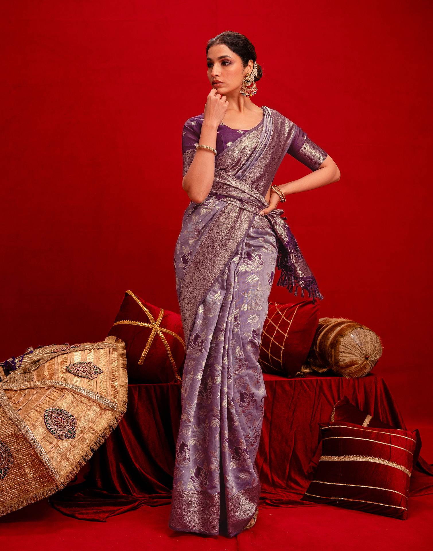 Magenta Chanderi Cotton Woven Banarasi Saree - Image 8