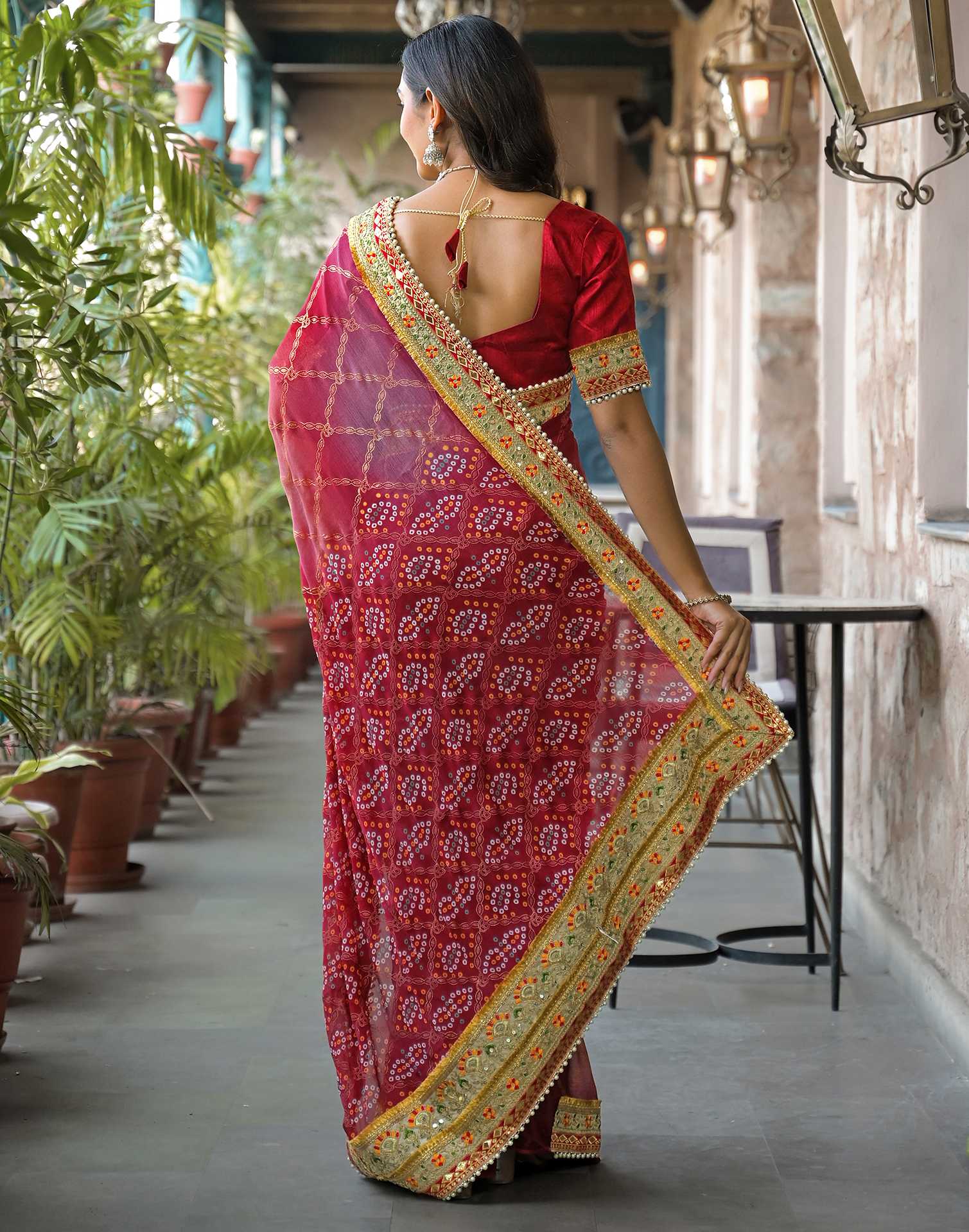 Magenta Chiffon Bandhani Printed Lace Saree - Image 6