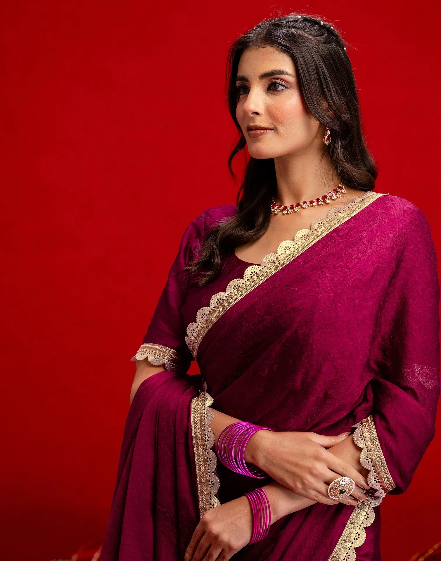 Magenta Crush Silk Lace Saree - Image 2