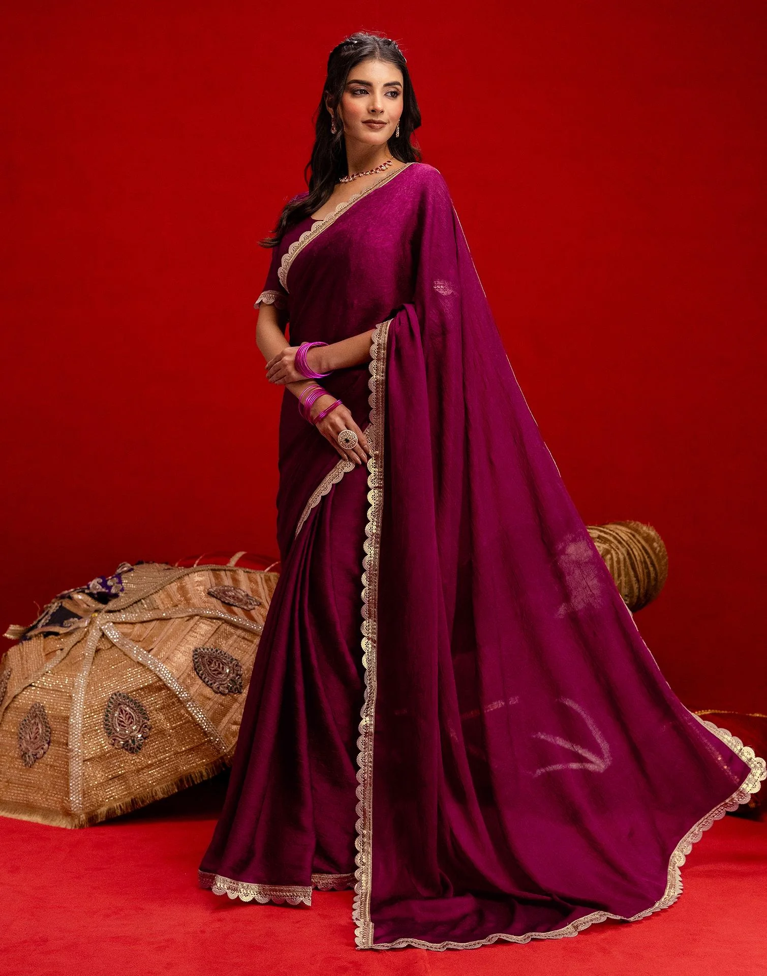 Magenta Crush Silk Lace Saree - Image 4