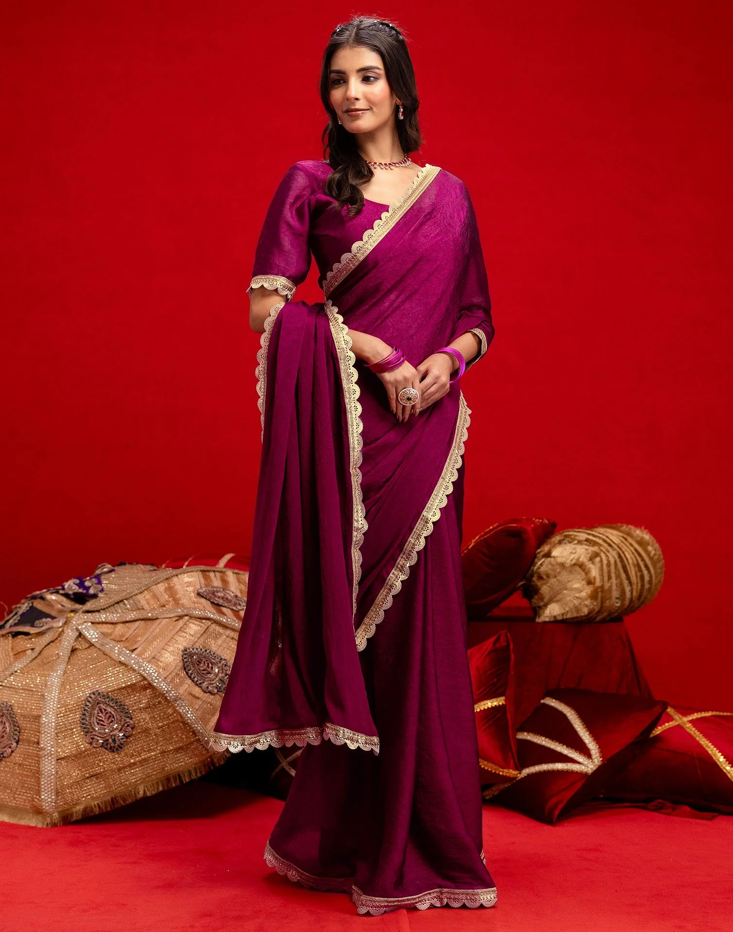 Magenta Crush Silk Lace Saree - Image 5